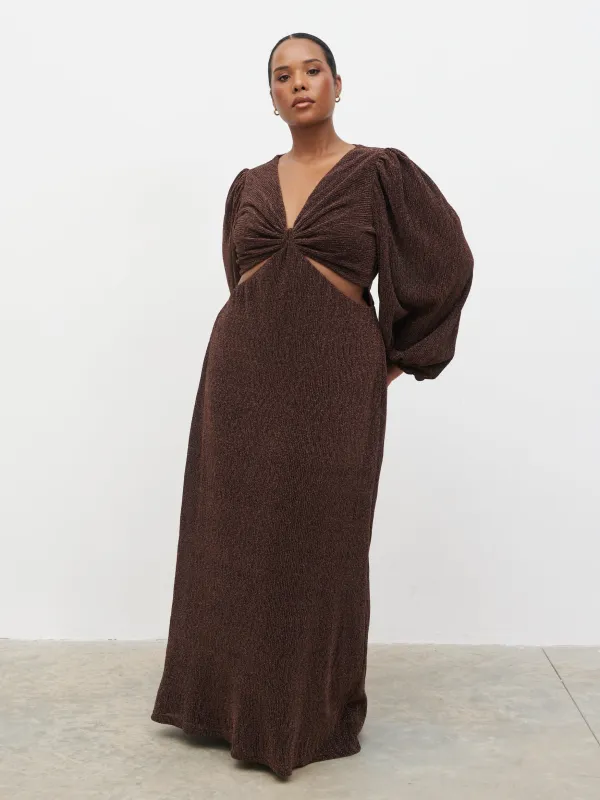 Zaya Lurex Metallic Maxi Dress Curve - Brown sold by Pretty Lavish