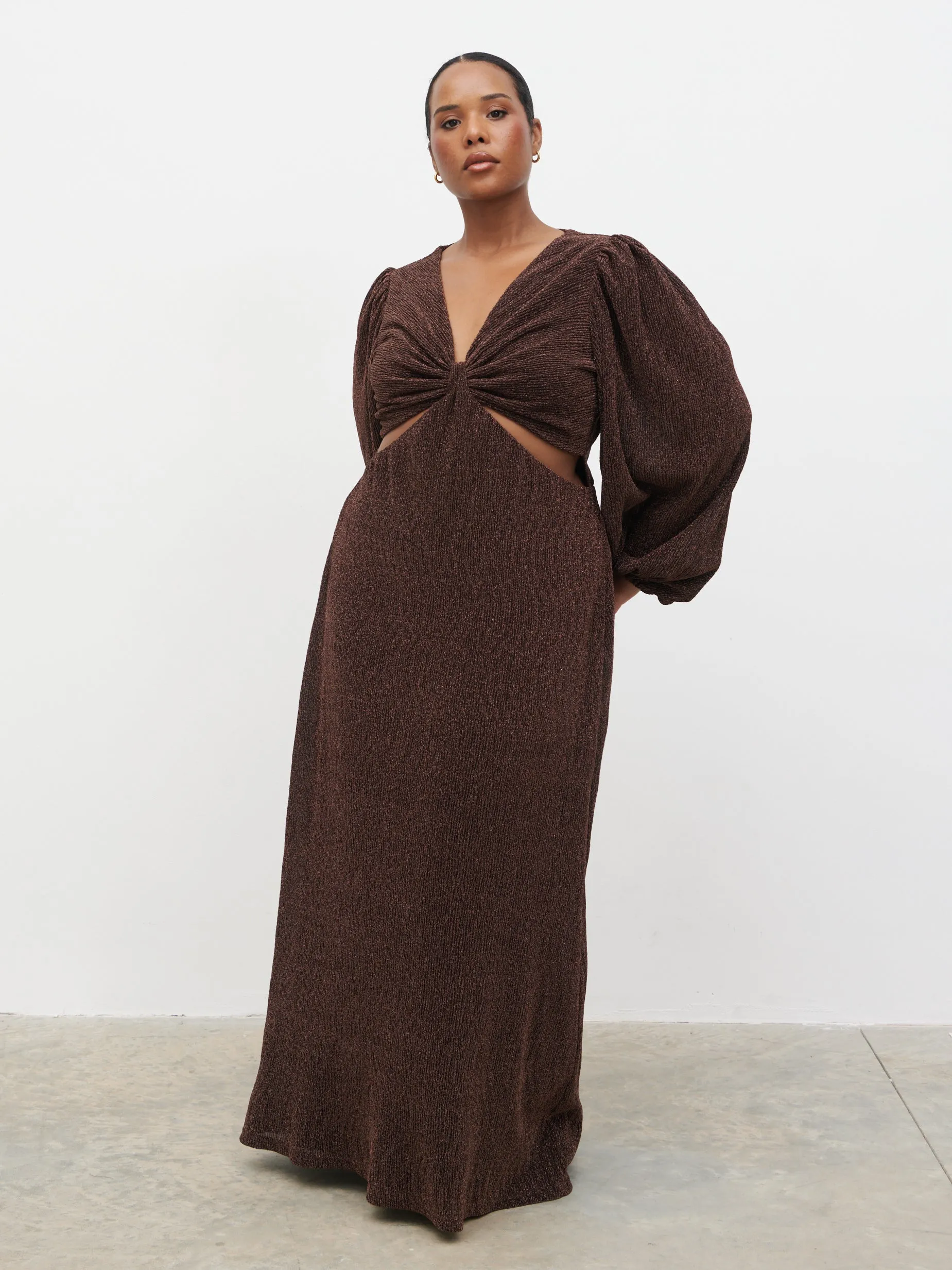 Zaya Lurex Metallic Maxi Dress Curve - Brown sold by Pretty Lavish