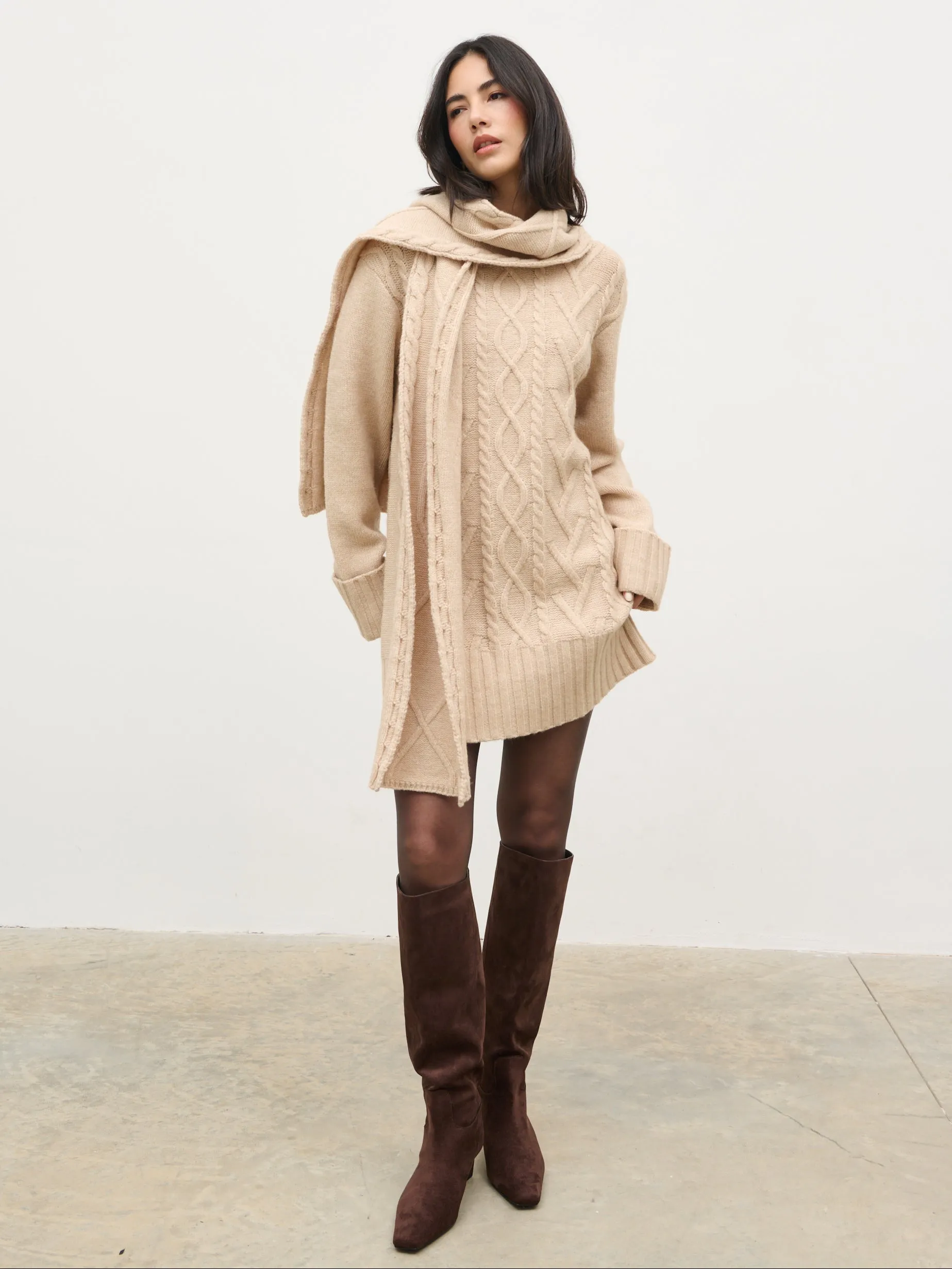 Larna Cable Knit Mini Dress with Scarf - Beige Marl sold by Pretty Lavish