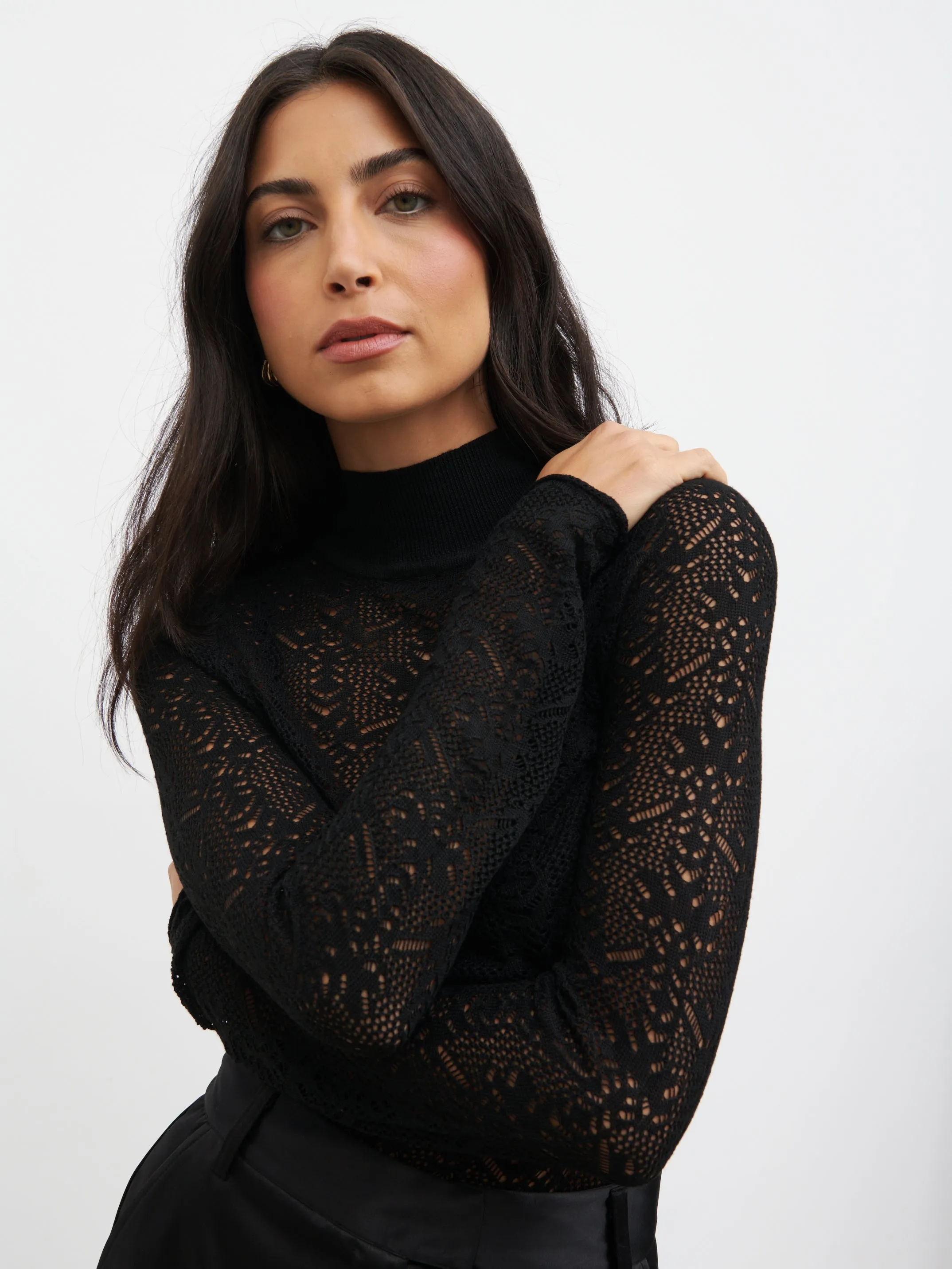 Annalise High Neck Patterned Fine Knit Top - Black sold by Pretty Lavish product image thumbnail 2