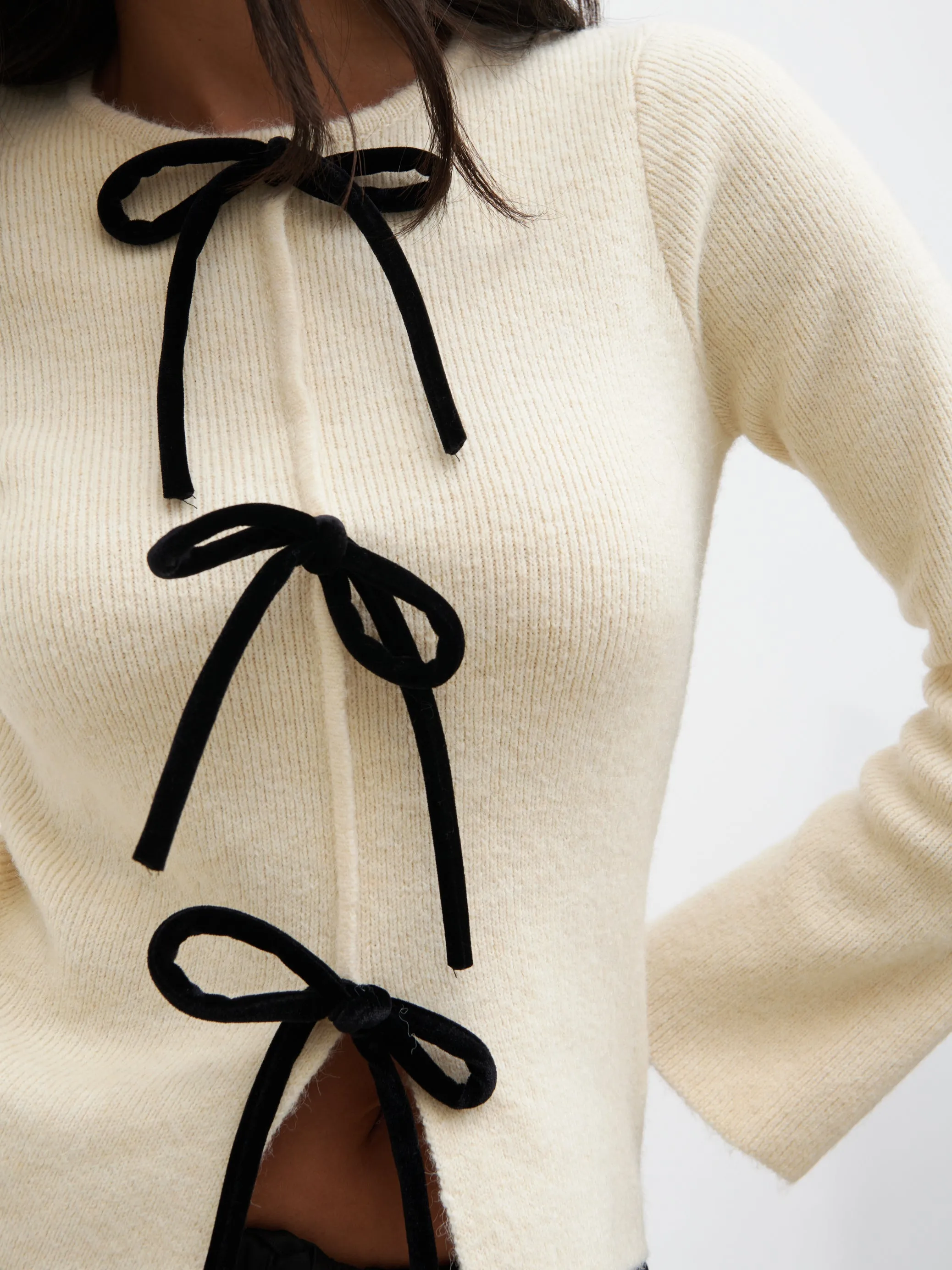 Sophia Bow Tie Front Knit Top - Cream and Black sold by Pretty Lavish product image thumbnail 3