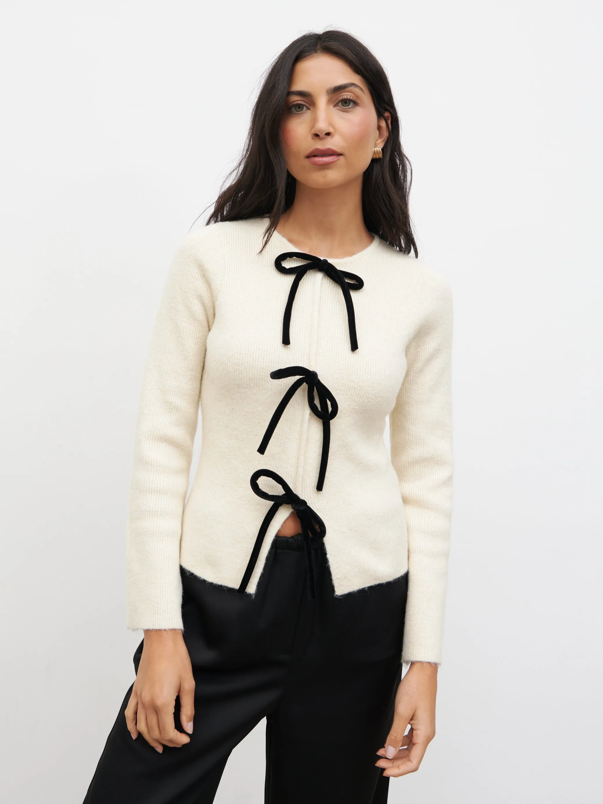 Sophia Bow Tie Front Knit Top - Cream and Black sold by Pretty Lavish product image thumbnail 4