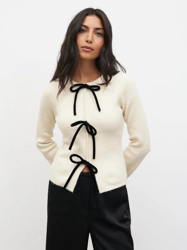 Sophia Bow Tie Front Knit Top - Cream and Black sold by Pretty Lavish