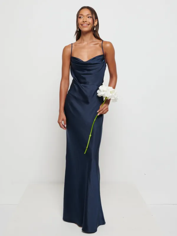 Keisha Maxi Satin Bridesmaid Dress - Matte Navy sold by Pretty Lavish