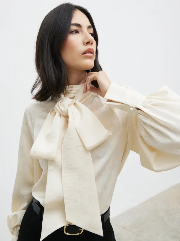 Kesia Jacquard Bow Blouse - Cream made by Pretty Lavish