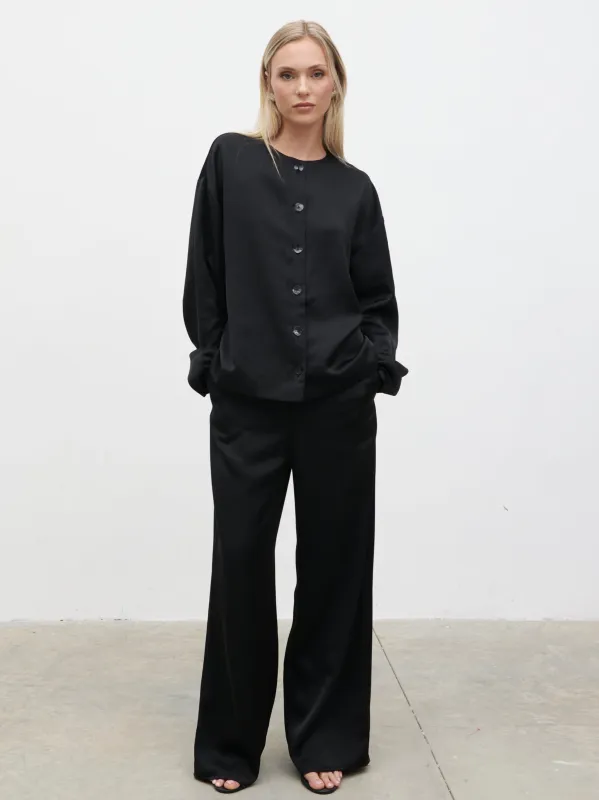 Dua Satin Button Blouse - Black sold by Pretty Lavish