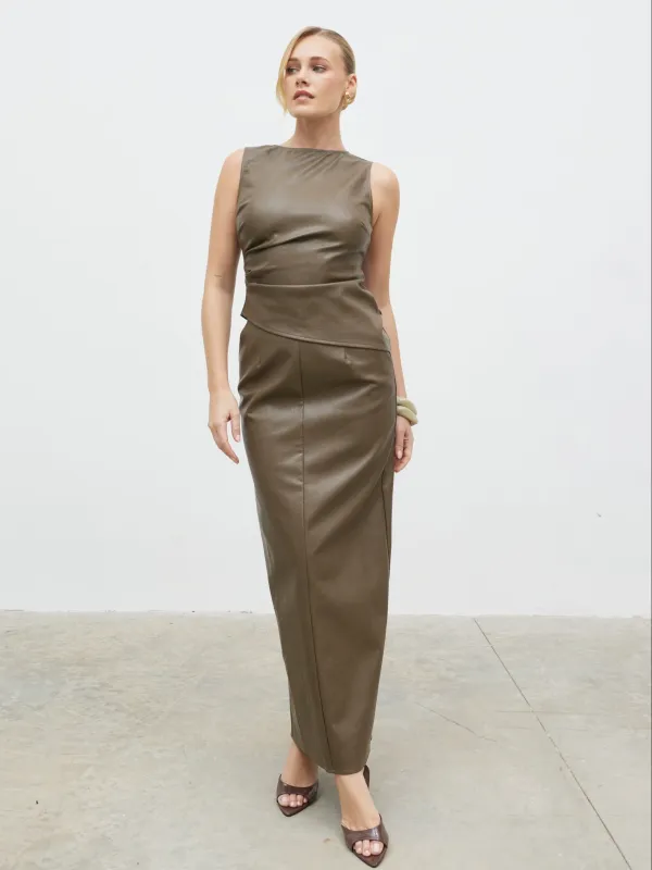 Maeve Faux Leather Maxi Skirt - Khaki sold by Pretty Lavish