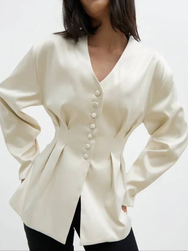 Amora Collarless Bonded Satin Jacket - Oyster sold by Pretty Lavish
