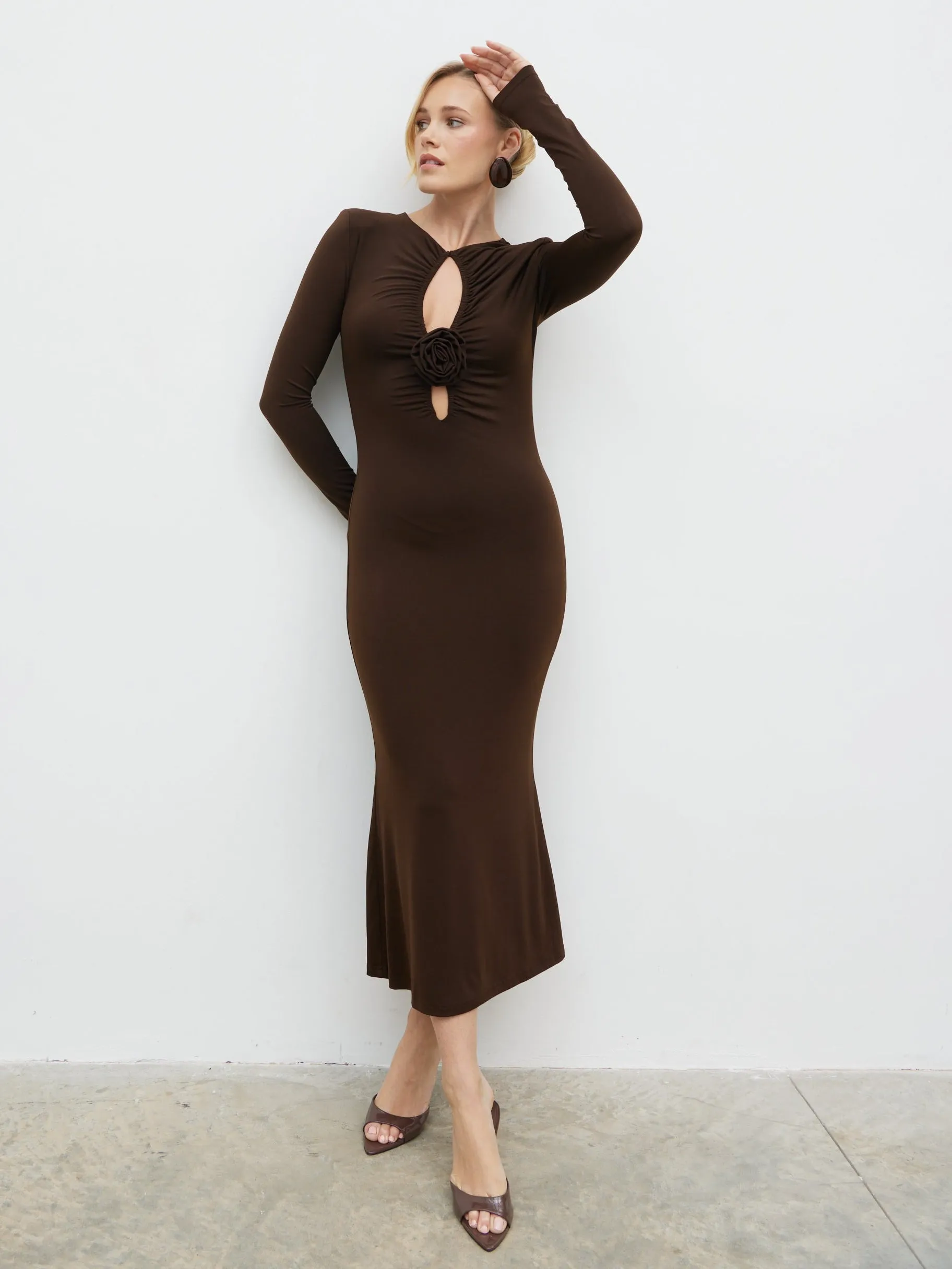 Ragan Corsage Jersey Midaxi Dress - Brown sold by Pretty Lavish product image thumbnail 4