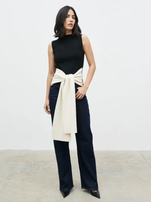 Audrey Waist Tie Sleeveless Knit Top - Black and Cream sold by Pretty Lavish