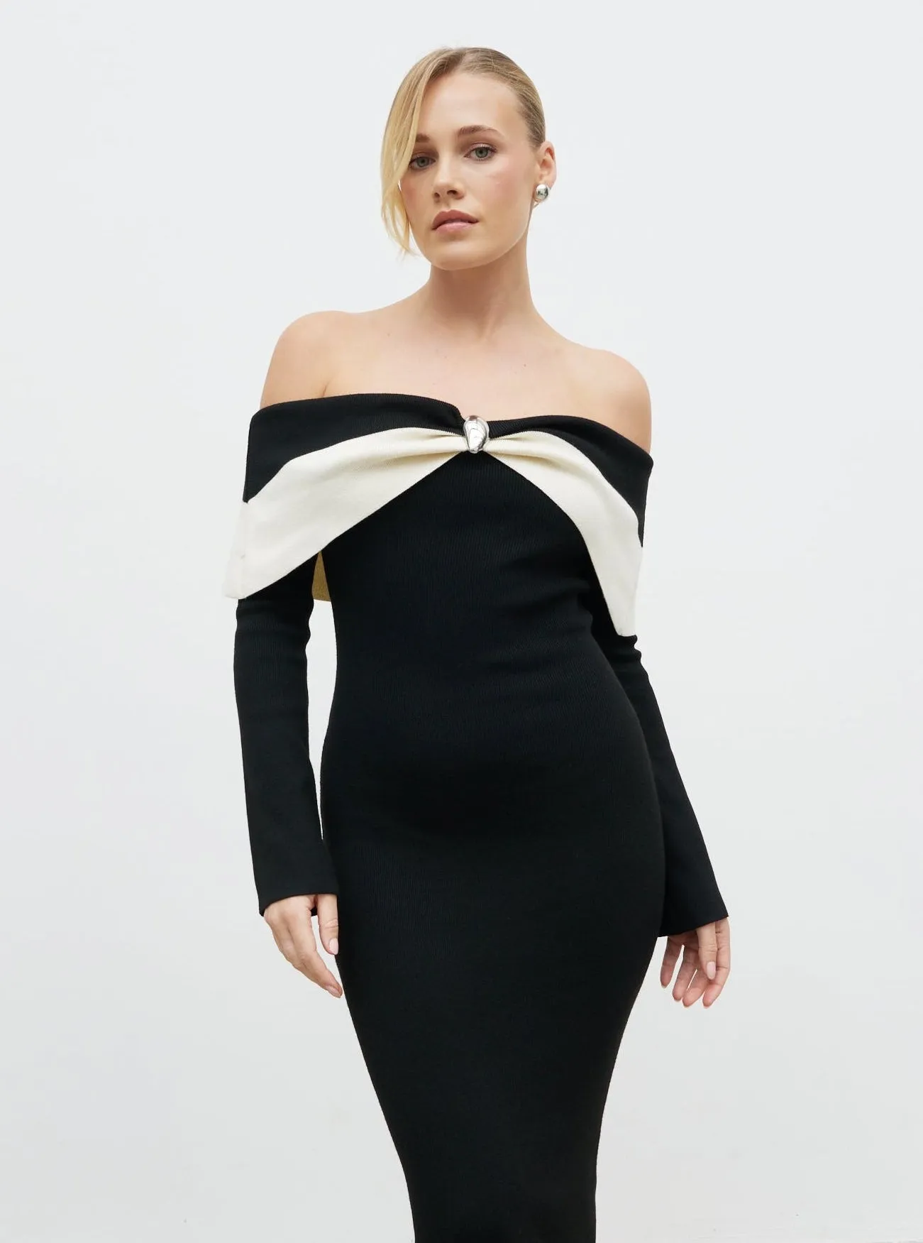 Aroma Bardot Trim Knit Midaxi Dress - Black and Cream sold by Pretty Lavish product image thumbnail 3