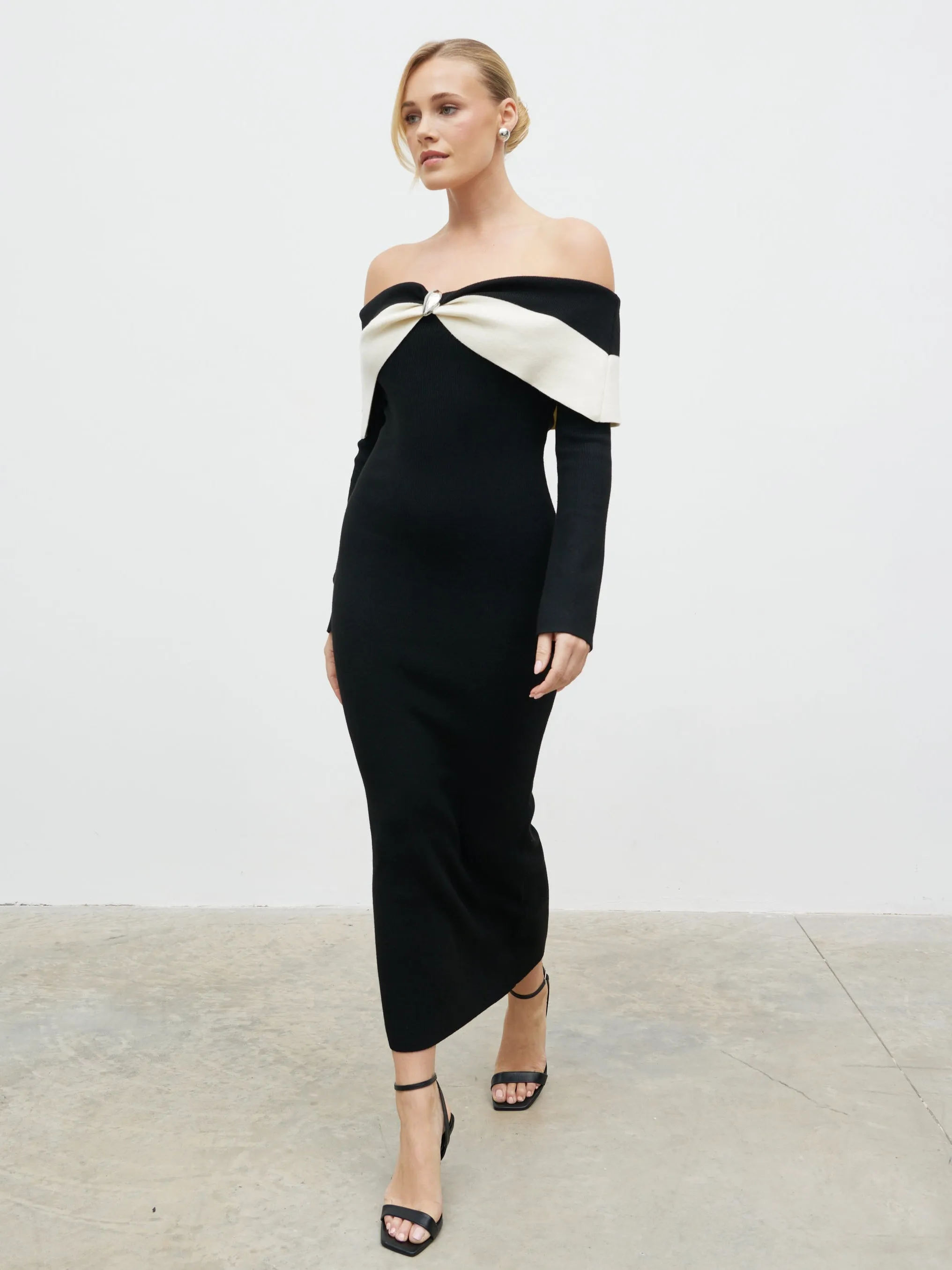 Aroma Bardot Trim Knit Midaxi Dress - Black and Cream sold by Pretty Lavish product image thumbnail 4