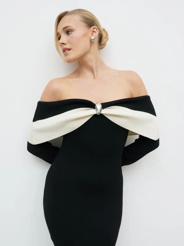Aroma Bardot Trim Knit Midaxi Dress - Black and Cream sold by Pretty Lavish