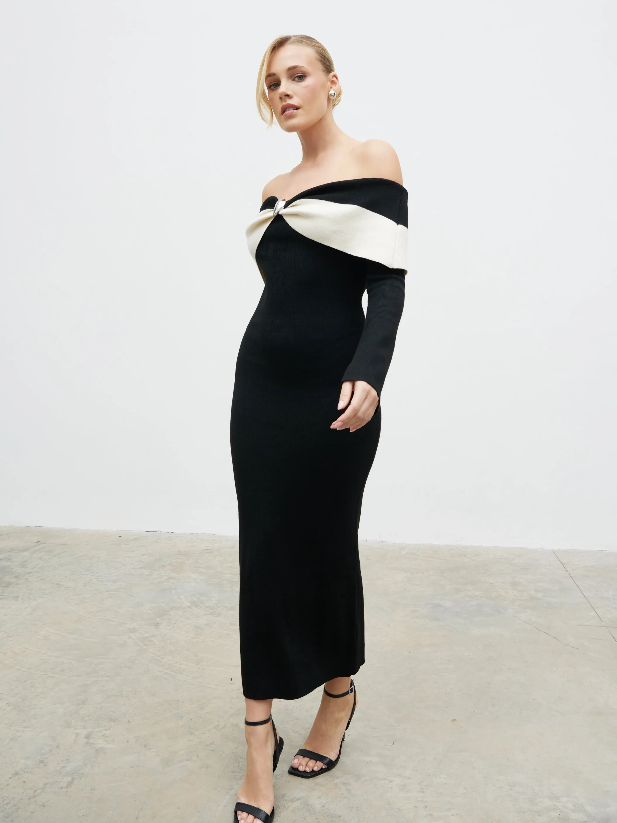 Aroma Bardot Trim Knit Midaxi Dress - Black and Cream sold by Pretty Lavish product image thumbnail 2