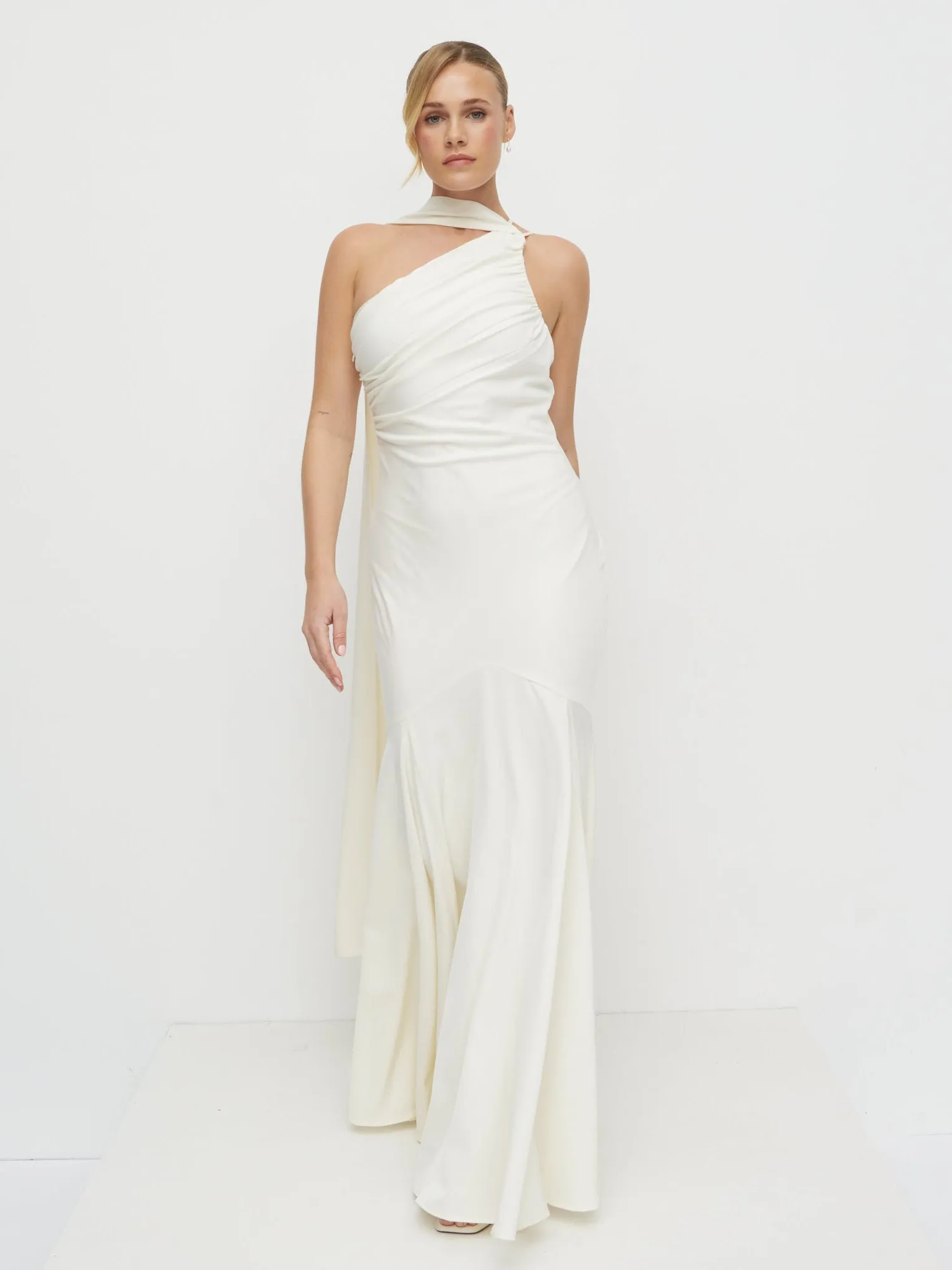 Porto One Shoulder Godet Maxi Dress - Ivory sold by Pretty Lavish