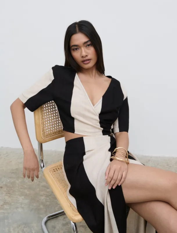 Chaya Printed Wrap Top - Cream and Black sold by Pretty Lavish