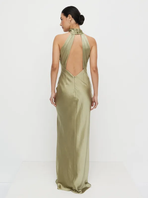 Kiara Satin Maxi Dress - Olive made by Pretty Lavish
