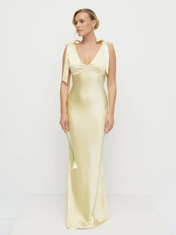Piper Tie Satin Maxi Dress - Lemon made by Pretty Lavish