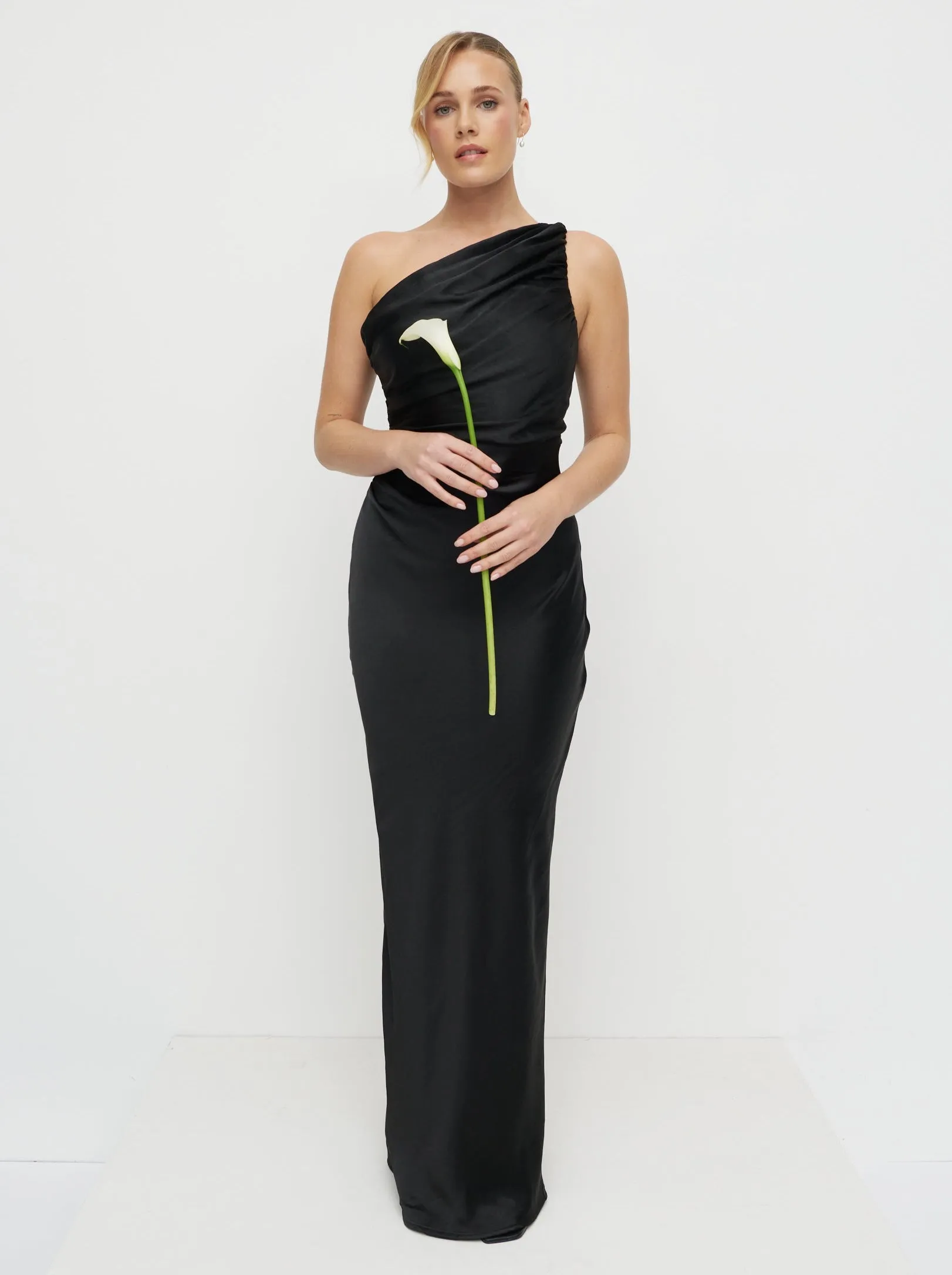 Juliet Ruched Satin Maxi Dress - Black sold by Pretty Lavish