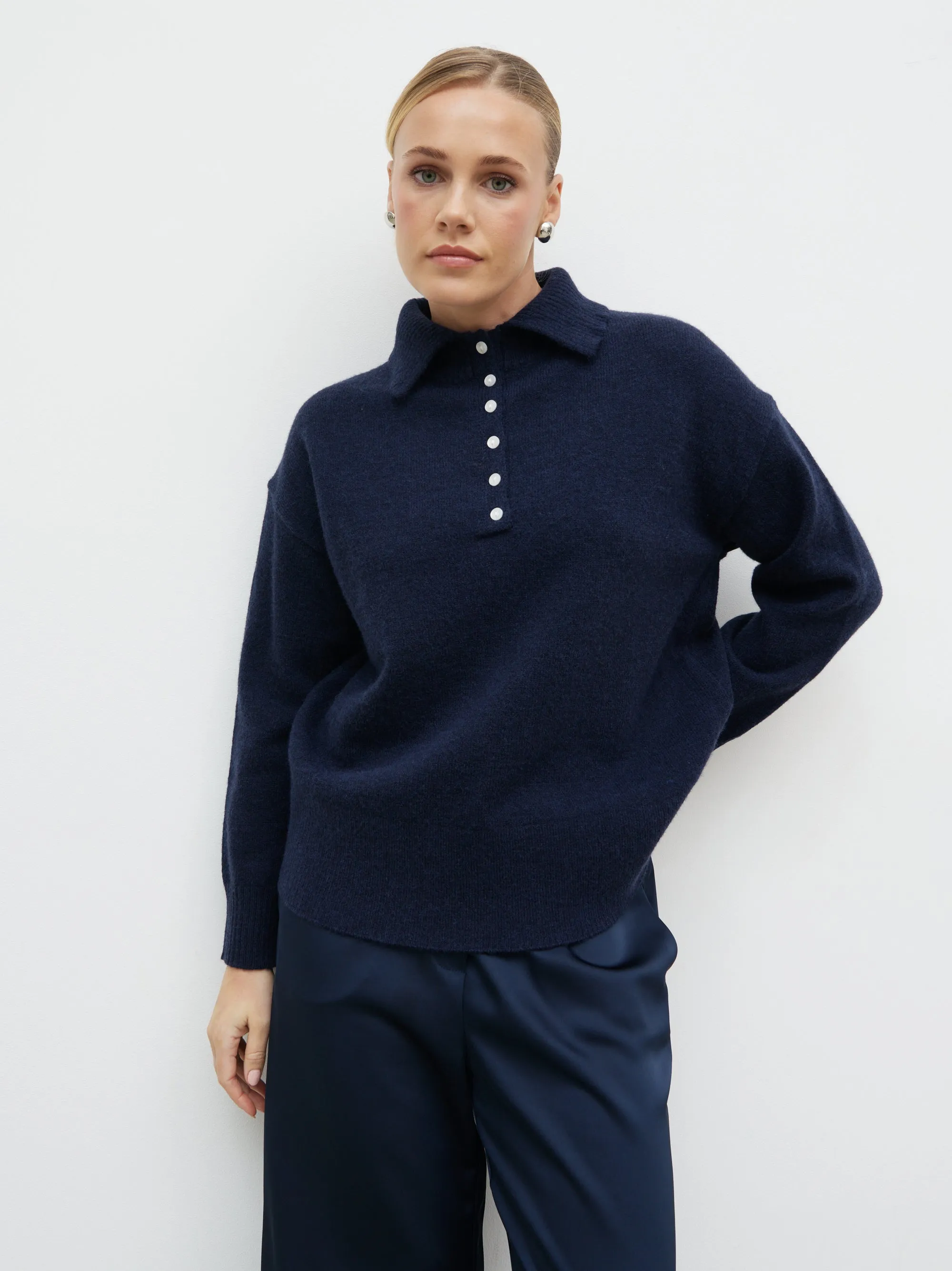 Laurent High Neck Button Knit Jumper - Navy sold by Pretty Lavish product image thumbnail 2