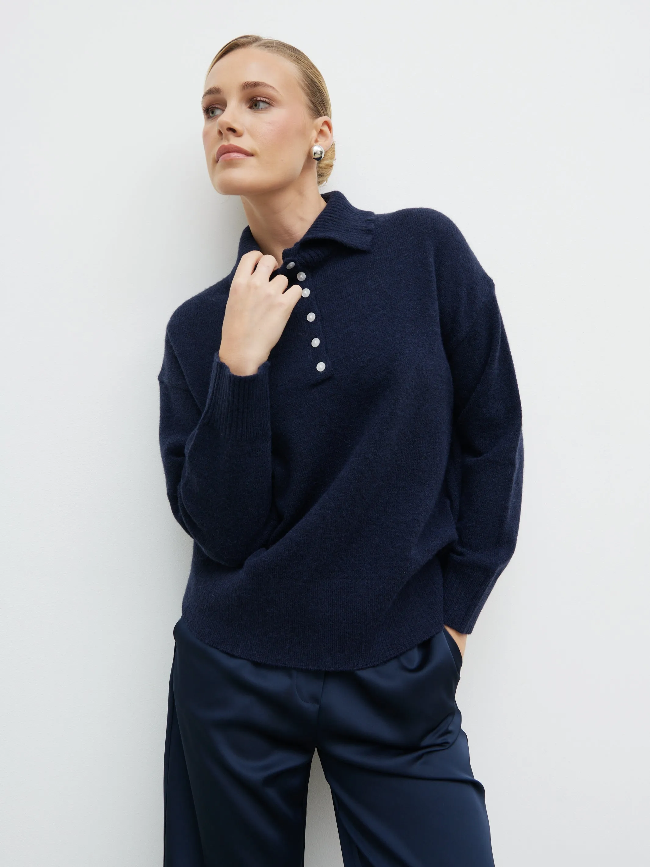 Laurent High Neck Button Knit Jumper - Navy sold by Pretty Lavish product image thumbnail 5