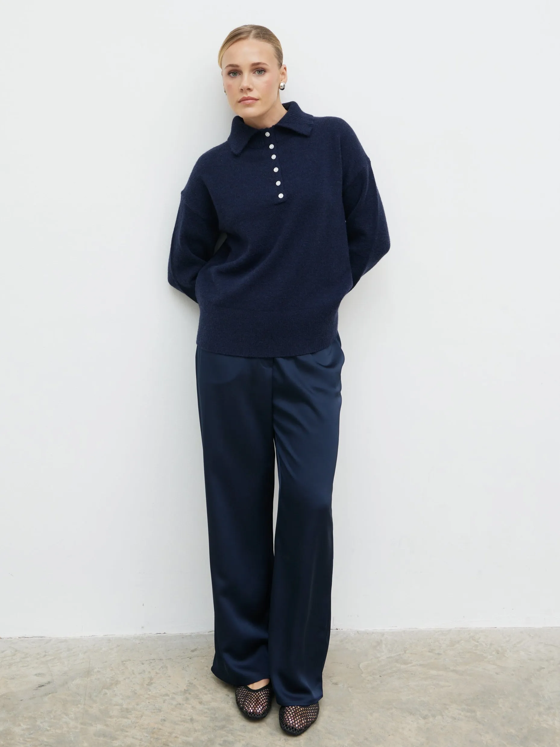 Laurent High Neck Button Knit Jumper - Navy sold by Pretty Lavish