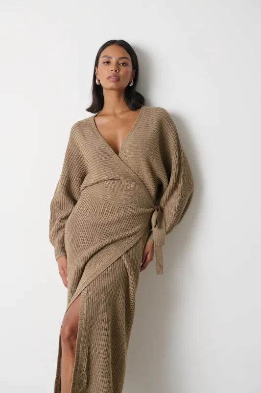 Aidan Cosy Wrap Dress - Light Brown sold by Pretty Lavish