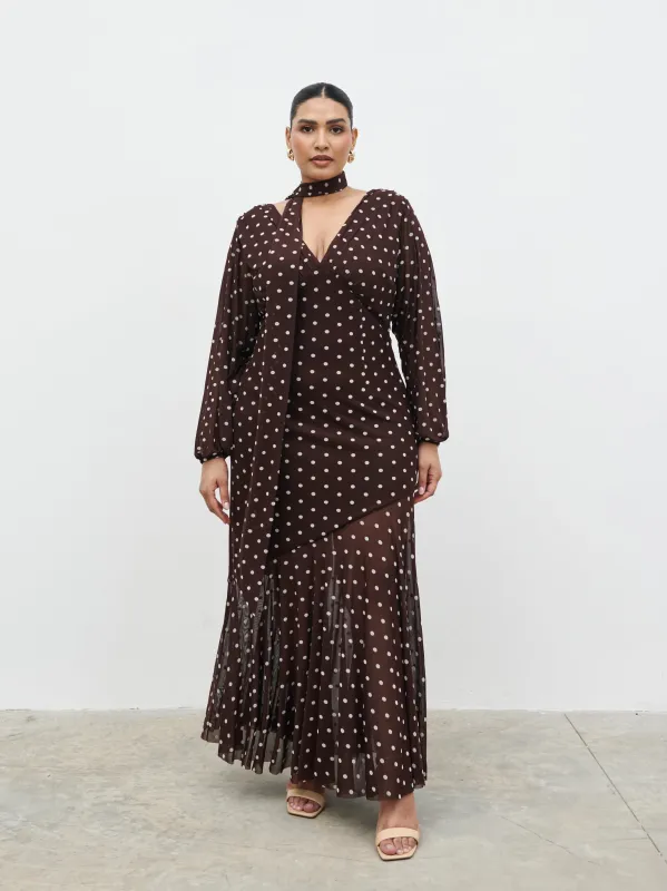 Petula Scarf Mesh Maxi Dress Curve - Brown and Cream Polkadot sold by Pretty Lavish