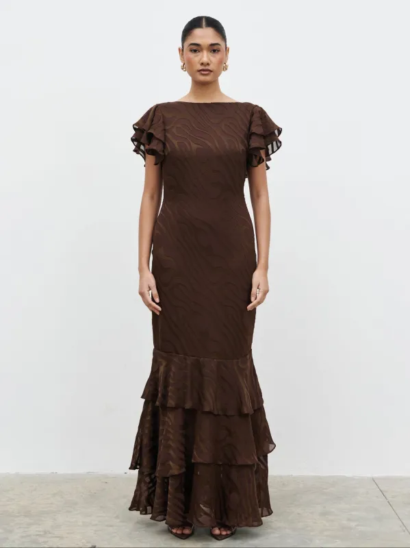 Ester Ruffle Jacquard Maxi Dress - Brown Devore sold by Pretty Lavish