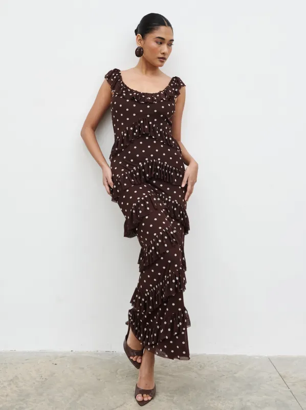 Cecile Ruffle Mesh Maxi Dress - Brown and Cream Polkadot made by Pretty Lavish