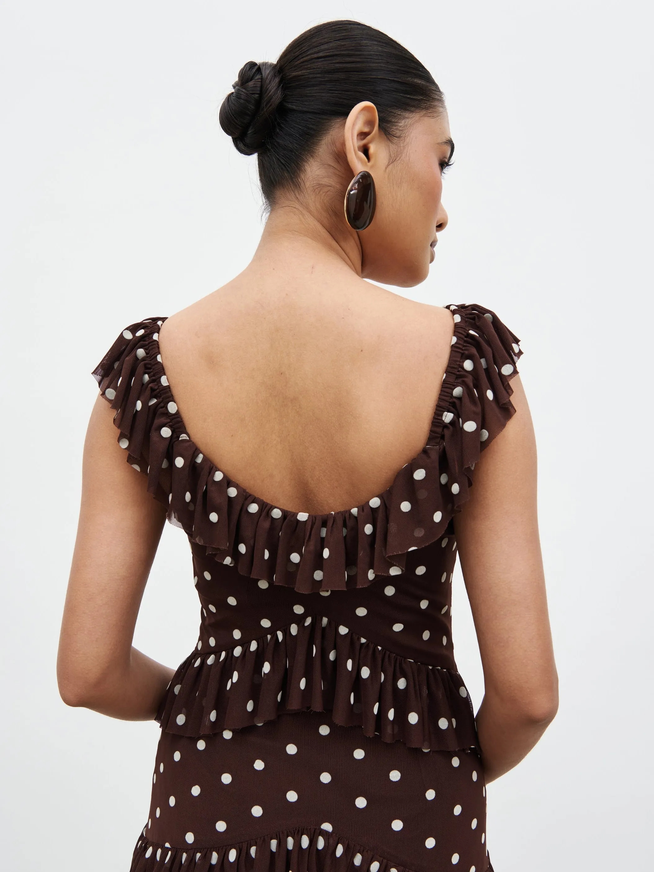 Cecile Ruffle Mesh Maxi Dress - Brown and Cream Polkadot sold by Pretty Lavish product image thumbnail 5