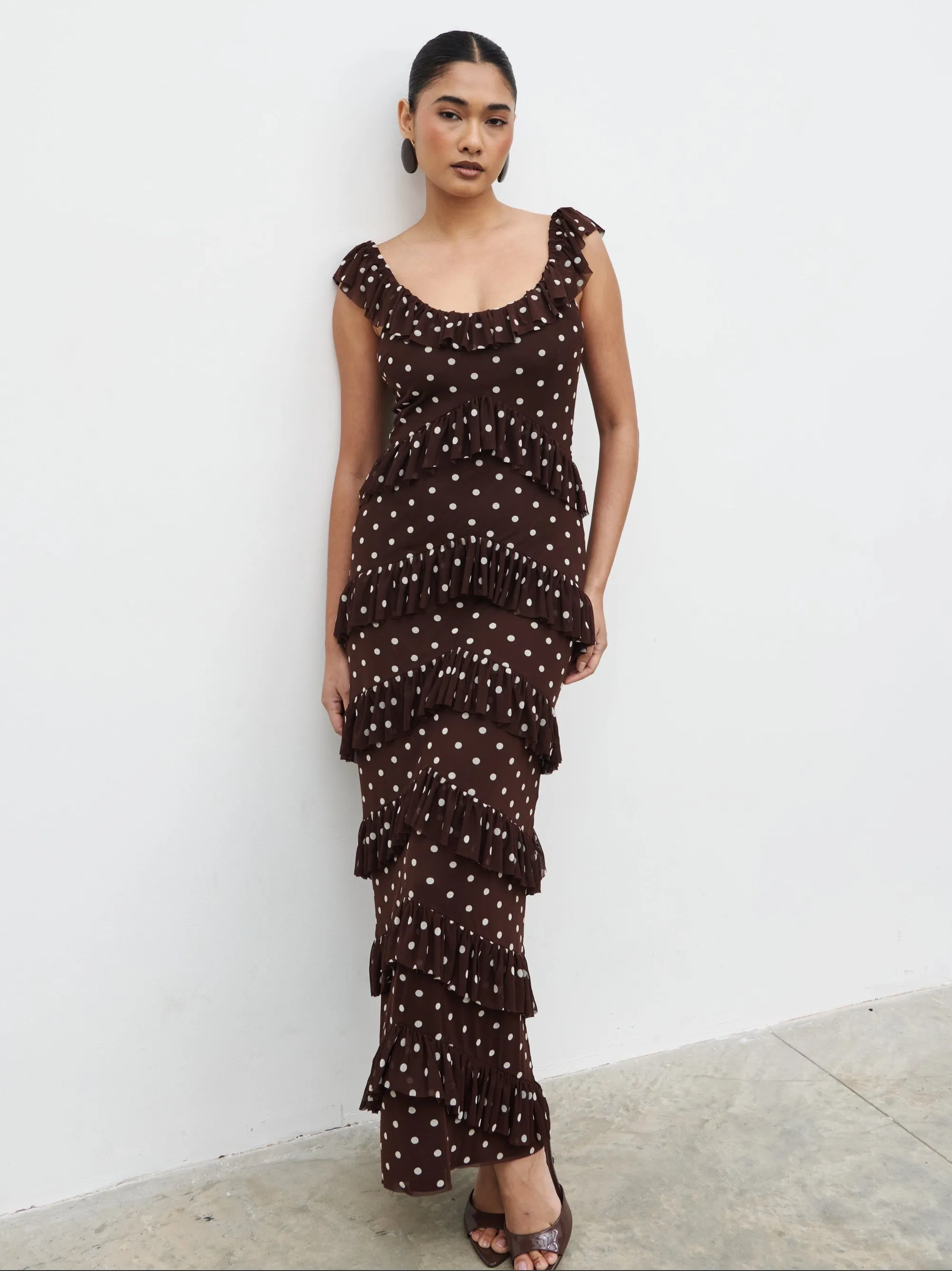 Cecile Ruffle Mesh Maxi Dress - Brown and Cream Polkadot sold by Pretty Lavish product image thumbnail 3