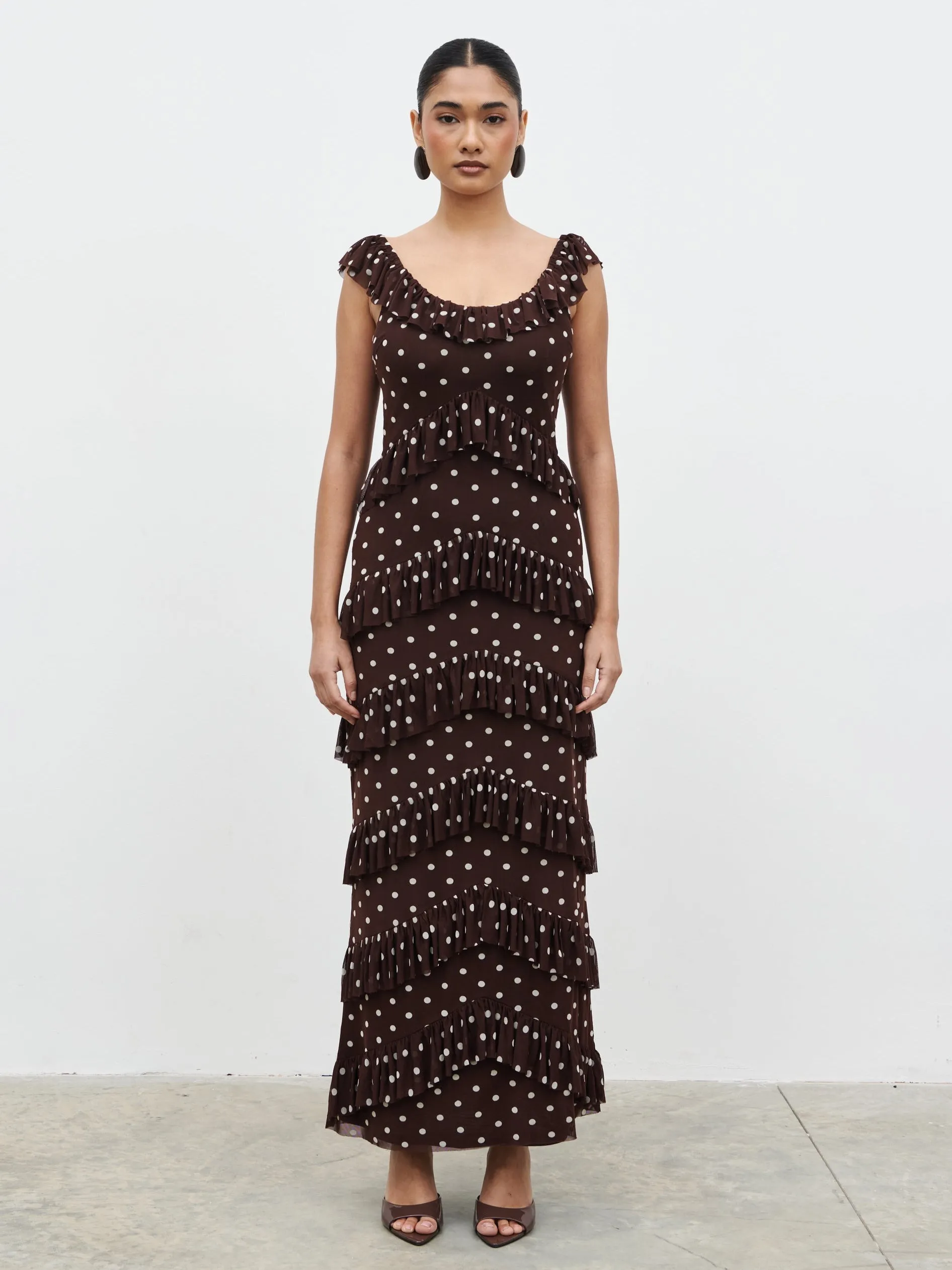 Cecile Ruffle Mesh Maxi Dress - Brown and Cream Polkadot sold by Pretty Lavish product image thumbnail 2