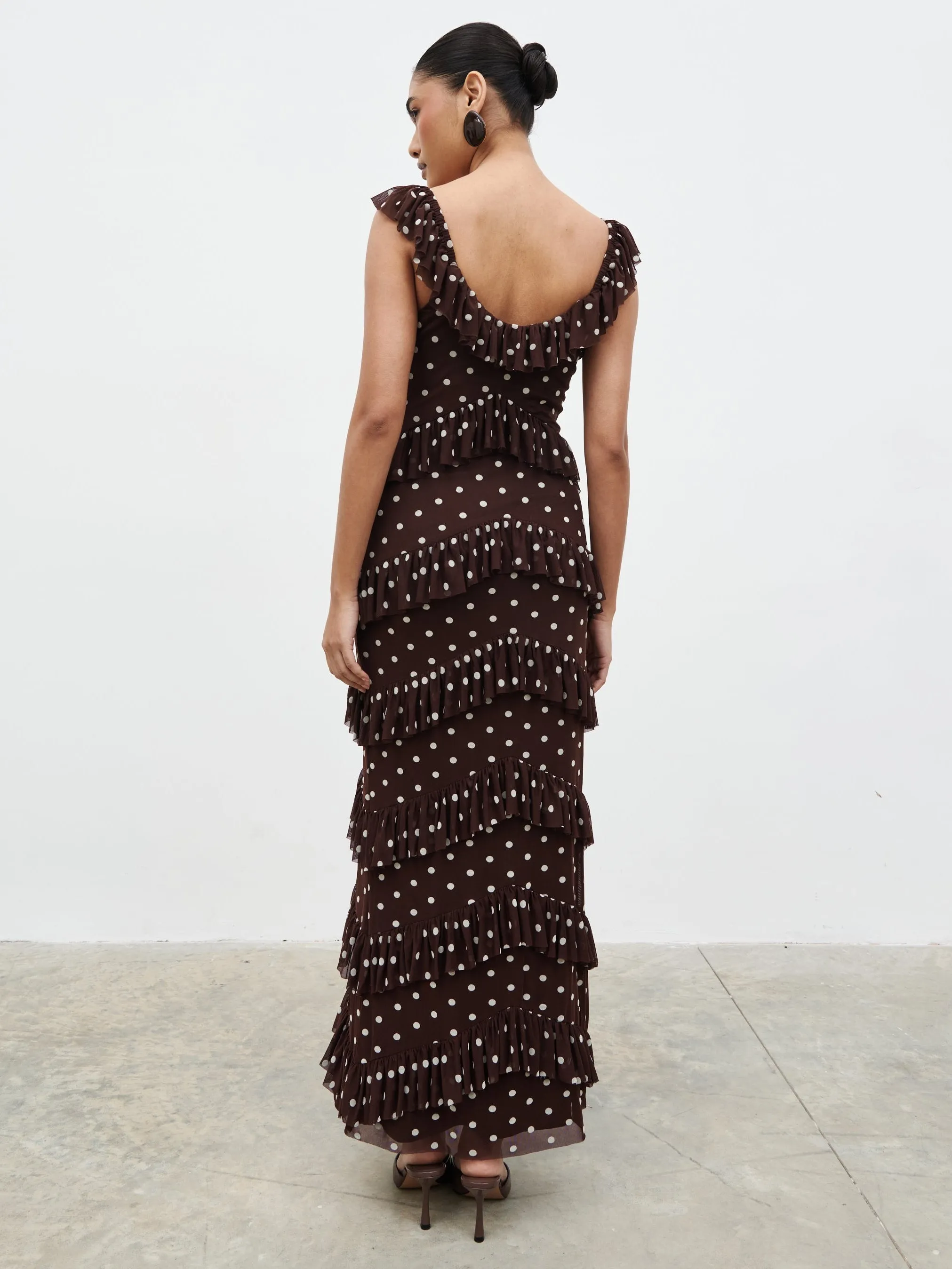 Cecile Ruffle Mesh Maxi Dress - Brown and Cream Polkadot sold by Pretty Lavish product image thumbnail 4