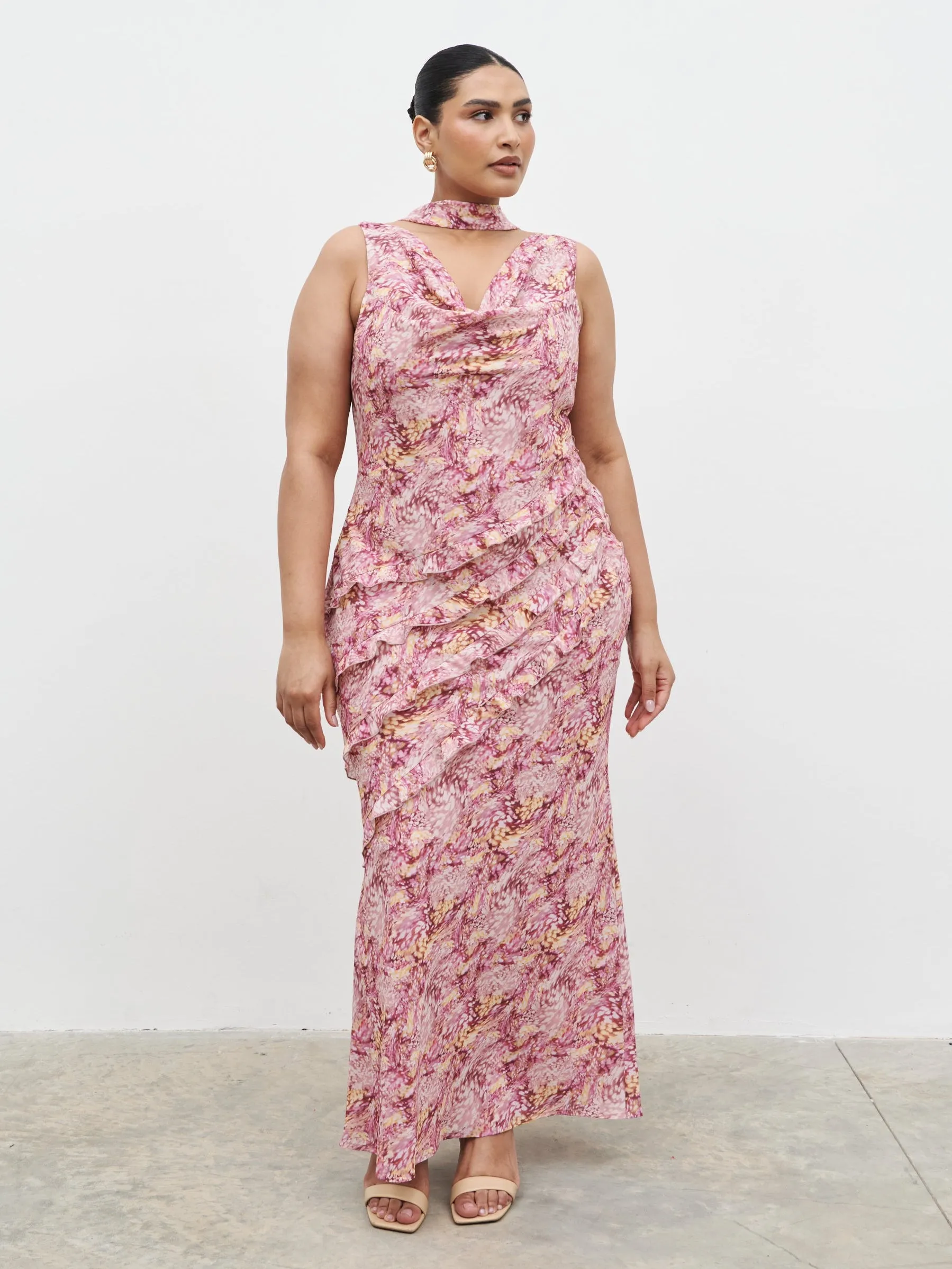 Constance Scarf Ruffle Maxi Dress Curve - Berry Multi Abstract sold by Pretty Lavish