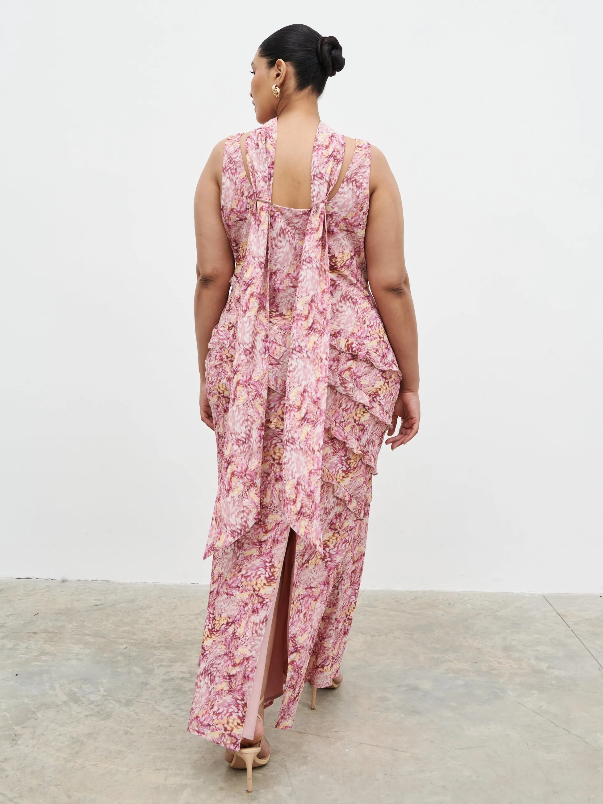 Constance Scarf Ruffle Maxi Dress Curve - Berry Multi Abstract sold by Pretty Lavish product image thumbnail 2