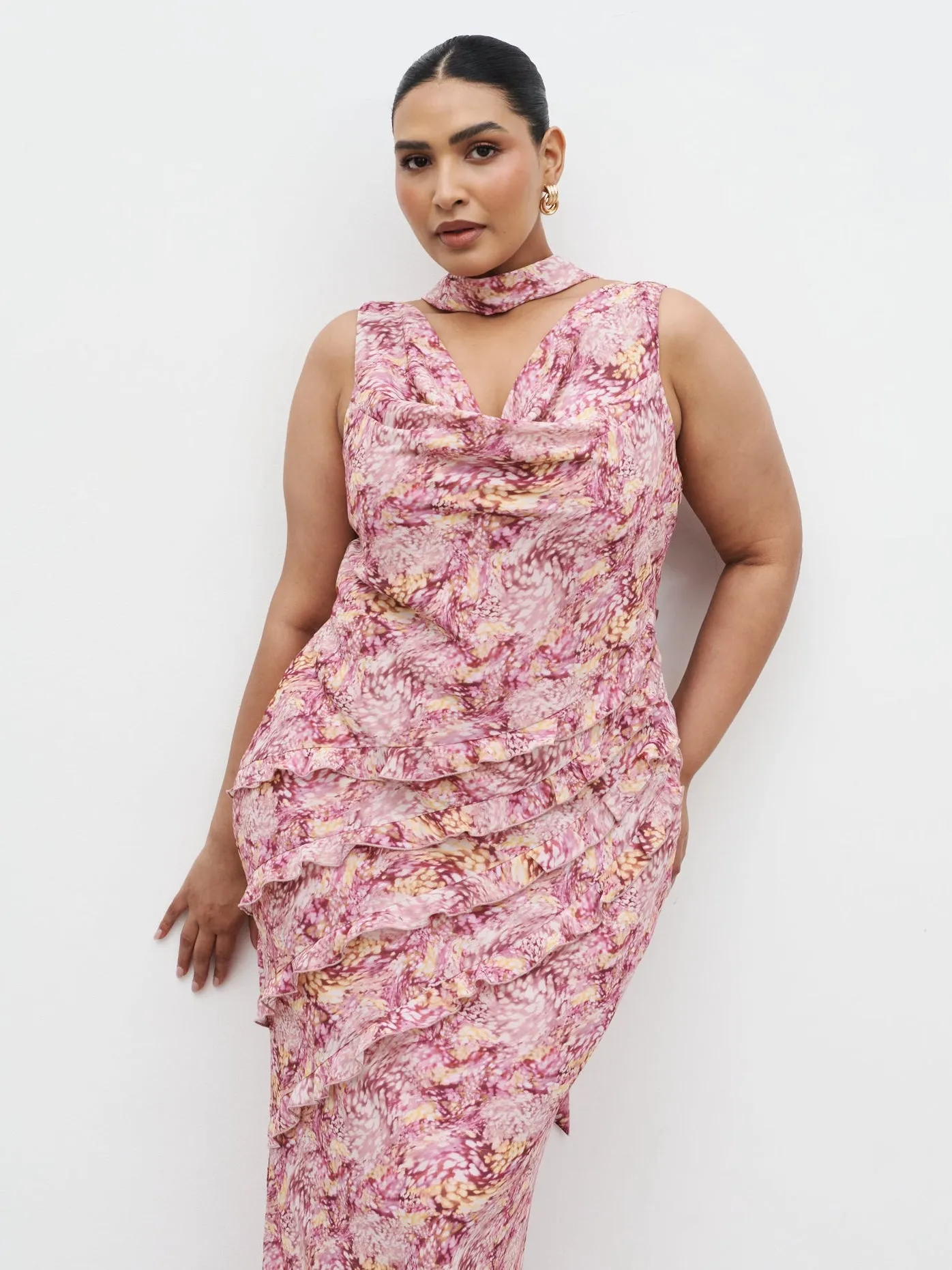 Constance Scarf Ruffle Maxi Dress Curve - Berry Multi Abstract sold by Pretty Lavish product image thumbnail 3