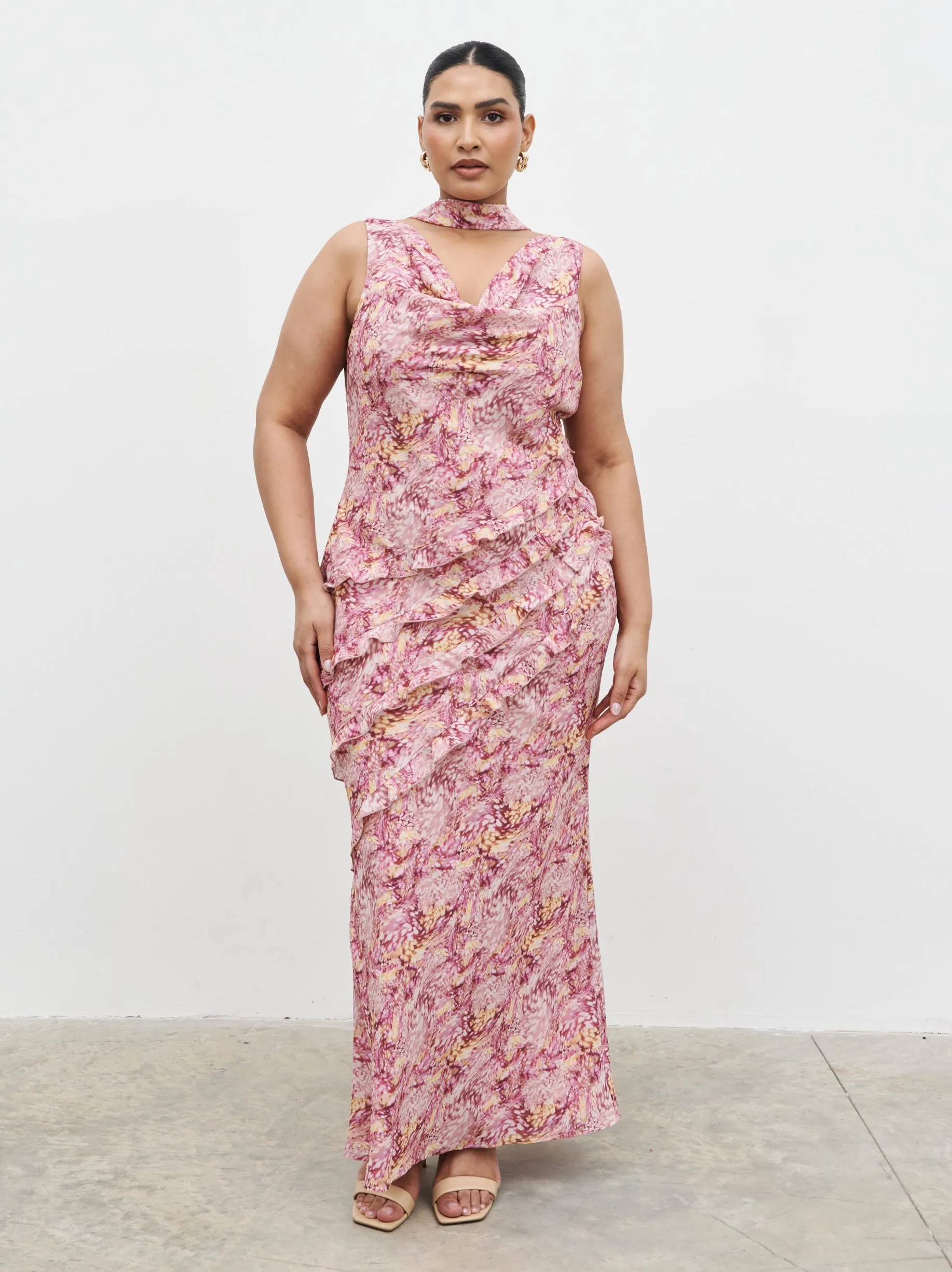 Constance Scarf Ruffle Maxi Dress Curve - Berry Multi Abstract sold by Pretty Lavish product image thumbnail 4