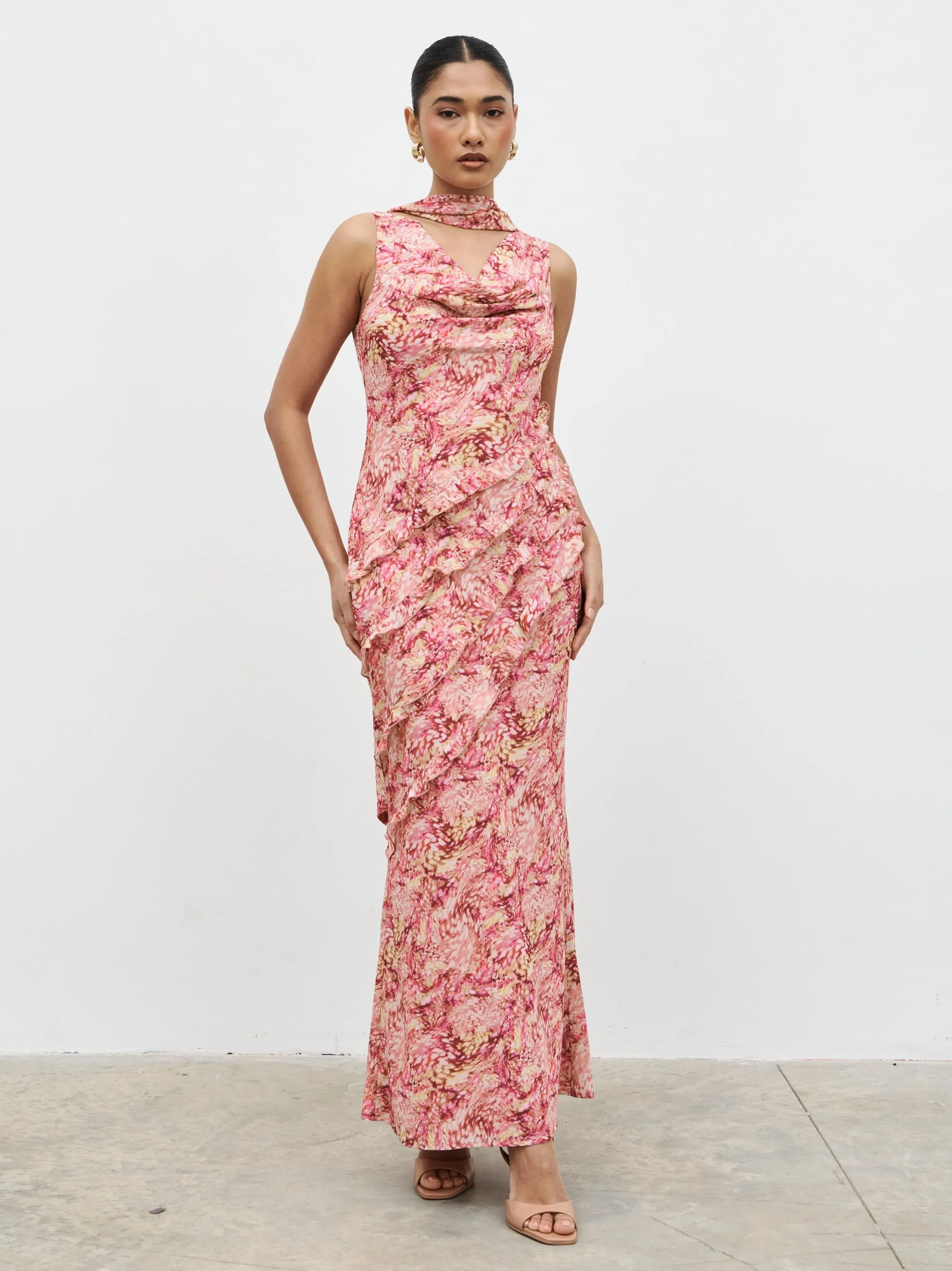 Constance Scarf Ruffle Maxi Dress - Berry Multi Abstract sold by Pretty Lavish