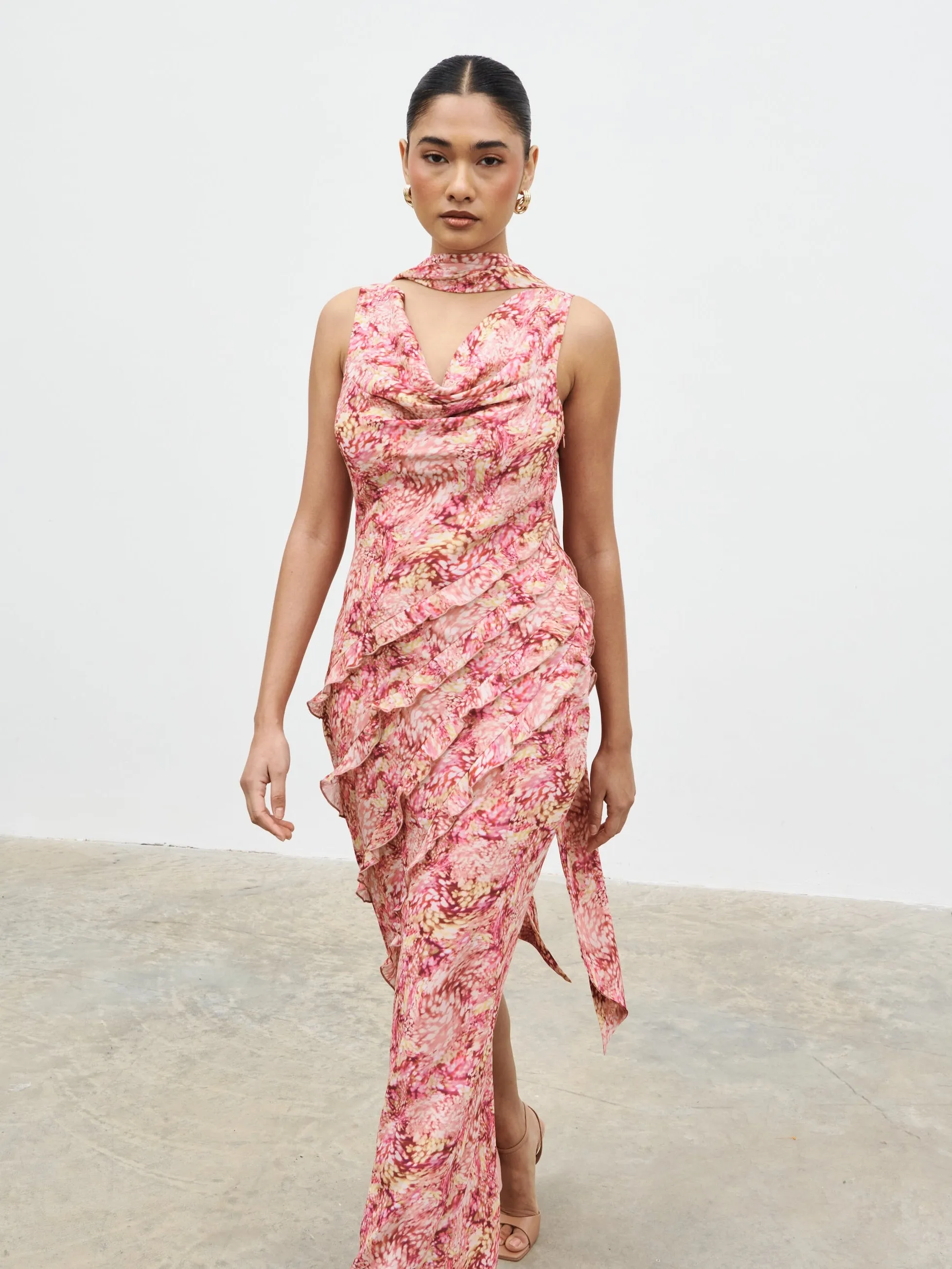 Constance Scarf Ruffle Maxi Dress - Berry Multi Abstract sold by Pretty Lavish product image thumbnail 3