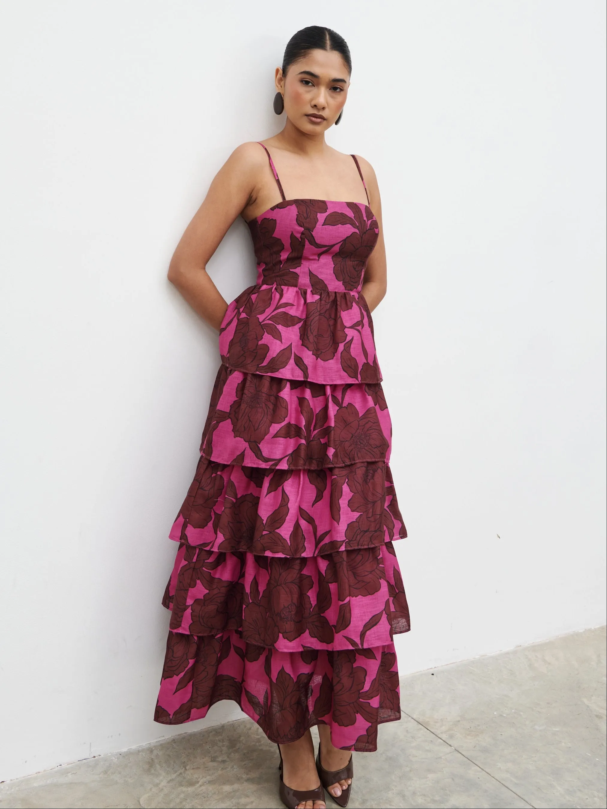 Aalyiah Square Neck Ruffle Midaxi Dress - Brown and Fuchsia Floral sold by Pretty Lavish product image thumbnail 4
