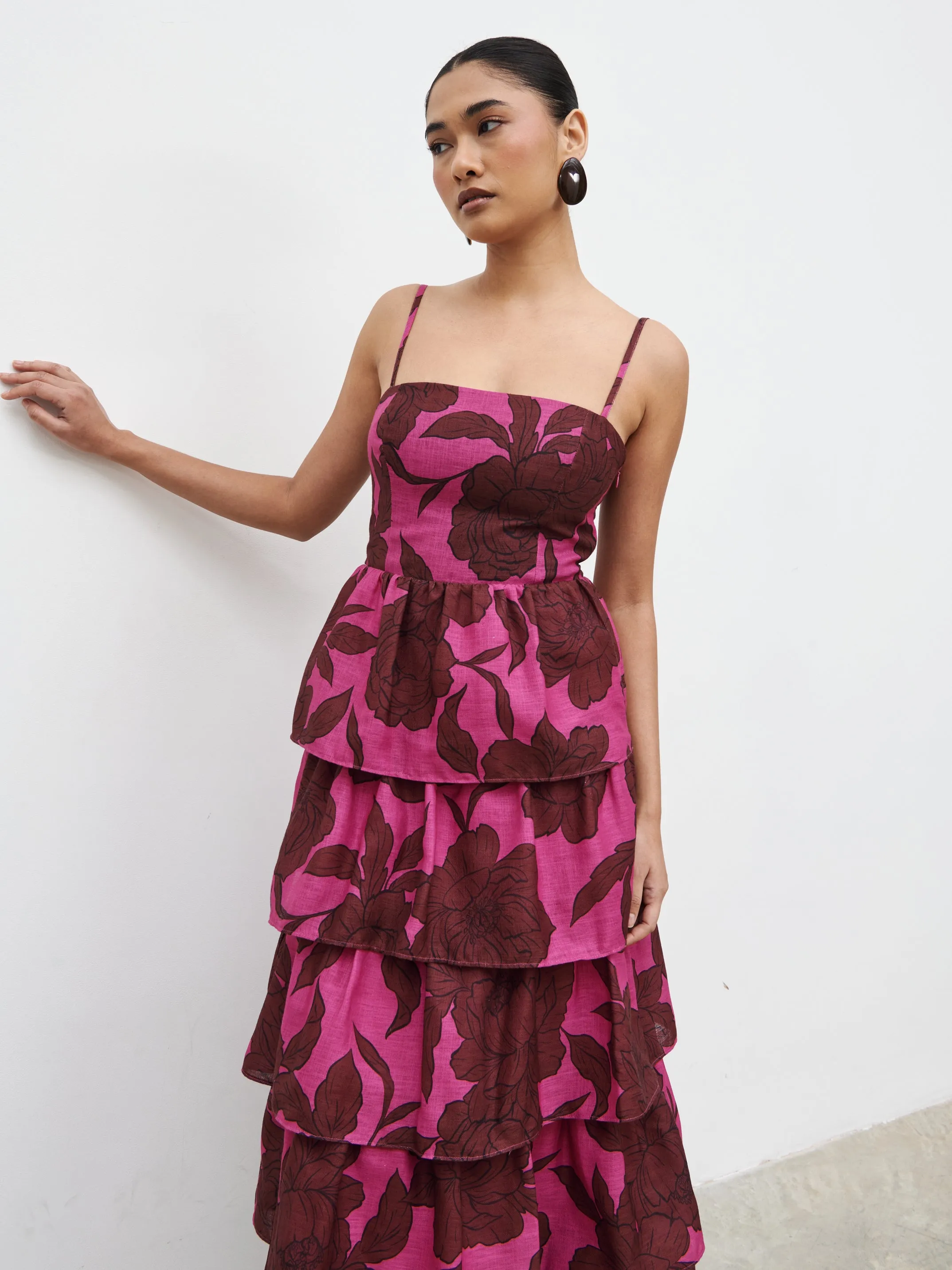 Aalyiah Square Neck Ruffle Midaxi Dress - Brown and Fuchsia Floral sold by Pretty Lavish product image thumbnail 5