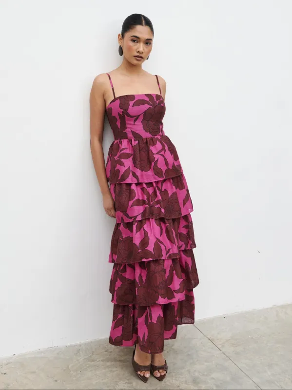 Aalyiah Square Neck Ruffle Midaxi Dress - Brown and Fuchsia Floral sold by Pretty Lavish