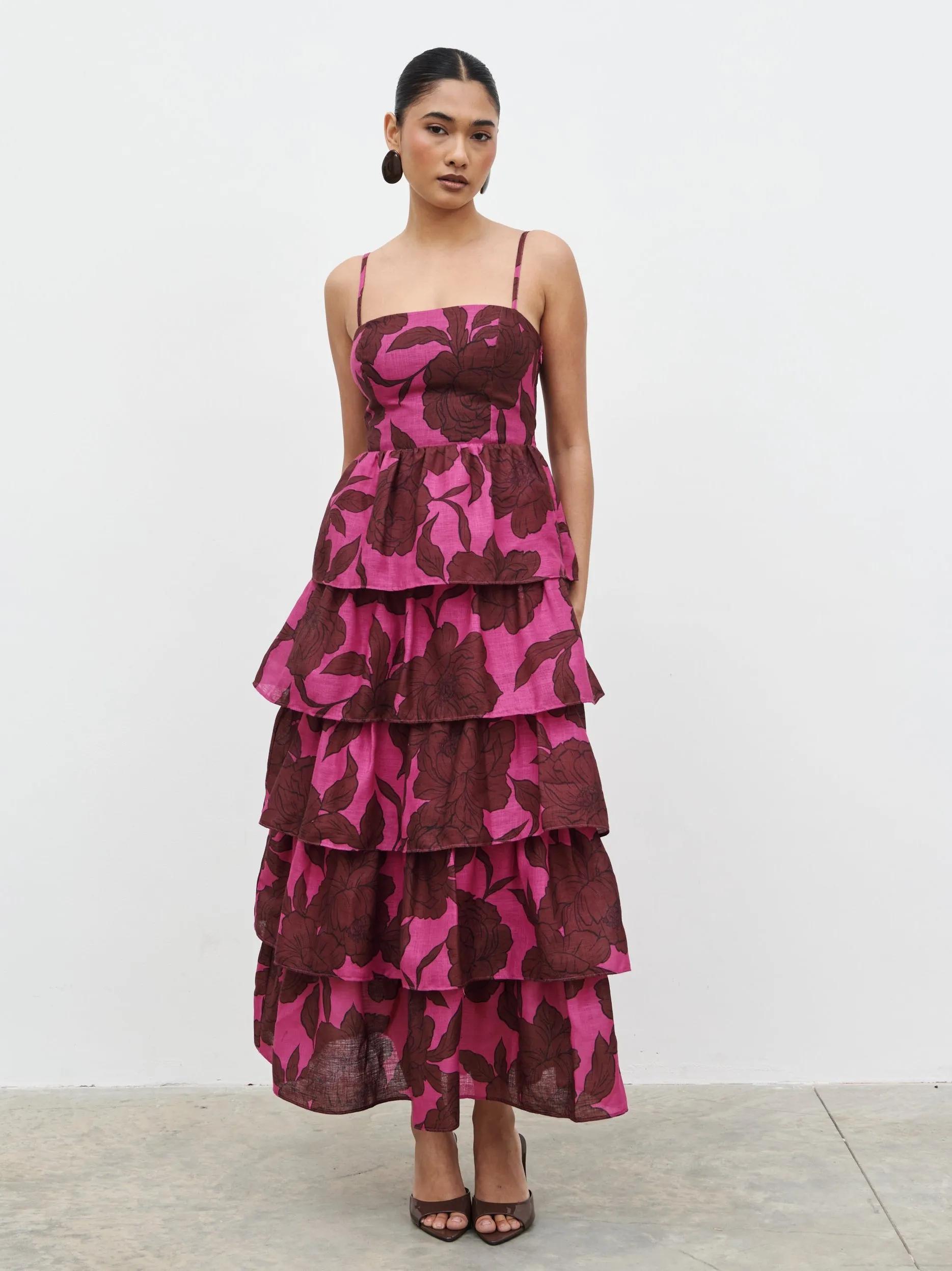 Aalyiah Square Neck Ruffle Midaxi Dress - Brown and Fuchsia Floral sold by Pretty Lavish product image thumbnail 2
