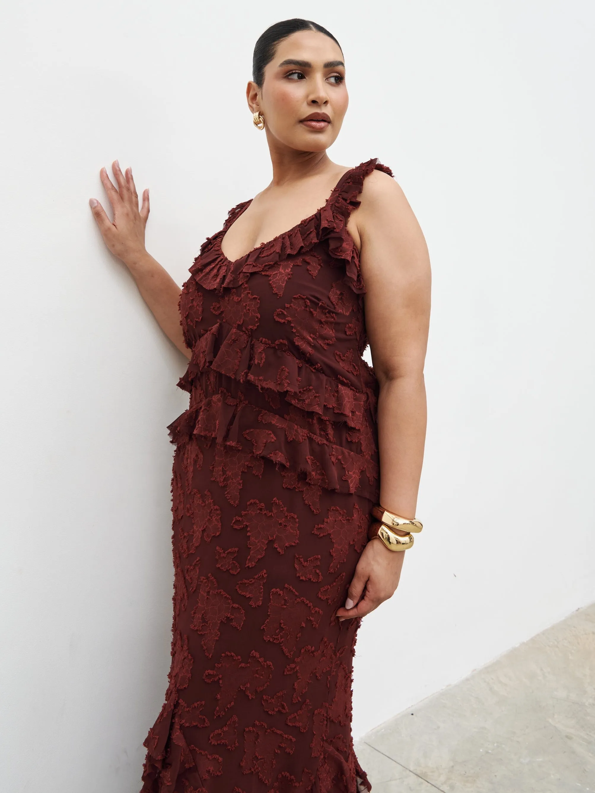 Helena Ruffle Jacquard Maxi Dress Curve - Mahogony sold by Pretty Lavish product image thumbnail 3