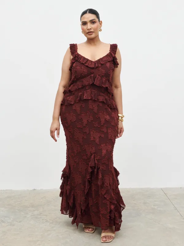 Helena Ruffle Jacquard Maxi Dress Curve - Mahogony sold by Pretty Lavish