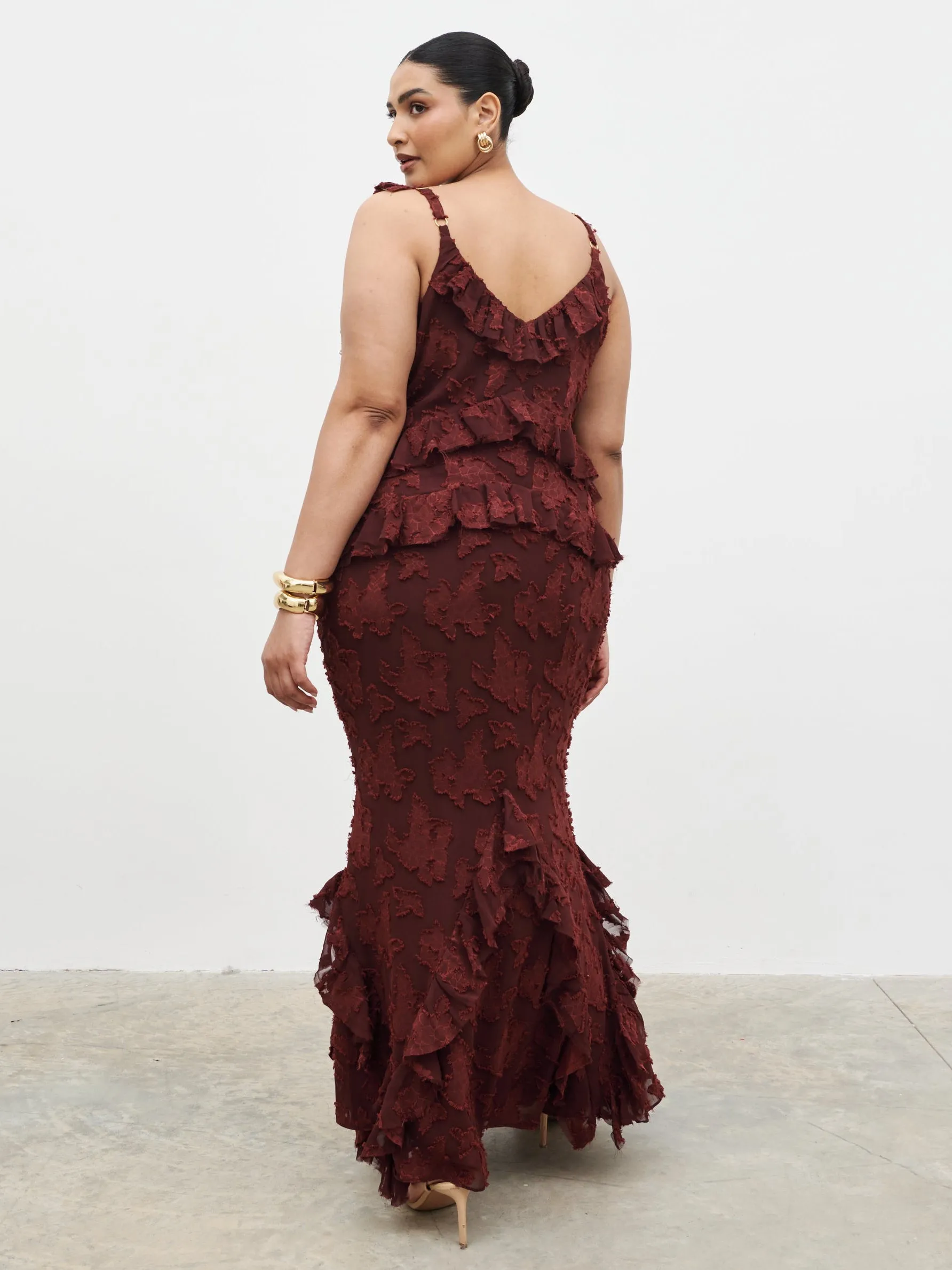 Helena Ruffle Jacquard Maxi Dress Curve - Mahogony sold by Pretty Lavish product image thumbnail 5