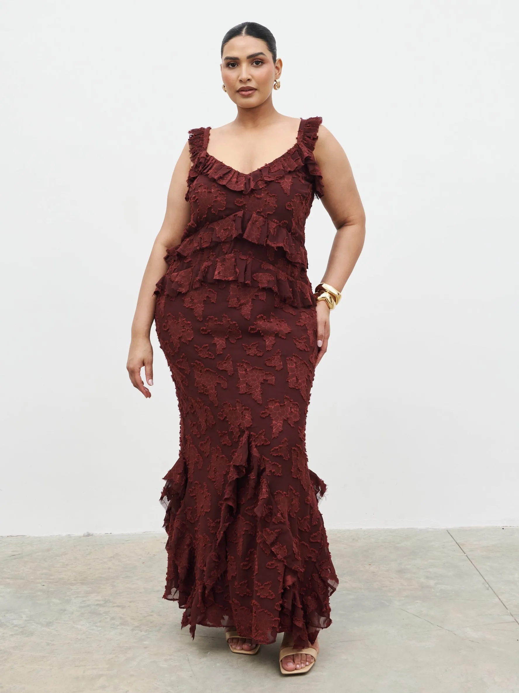 Helena Ruffle Jacquard Maxi Dress Curve - Mahogony sold by Pretty Lavish product image thumbnail 2
