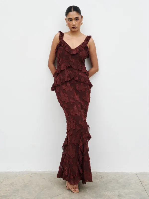 Helena Ruffle Jacquard Maxi Dress - Mahogony sold by Pretty Lavish