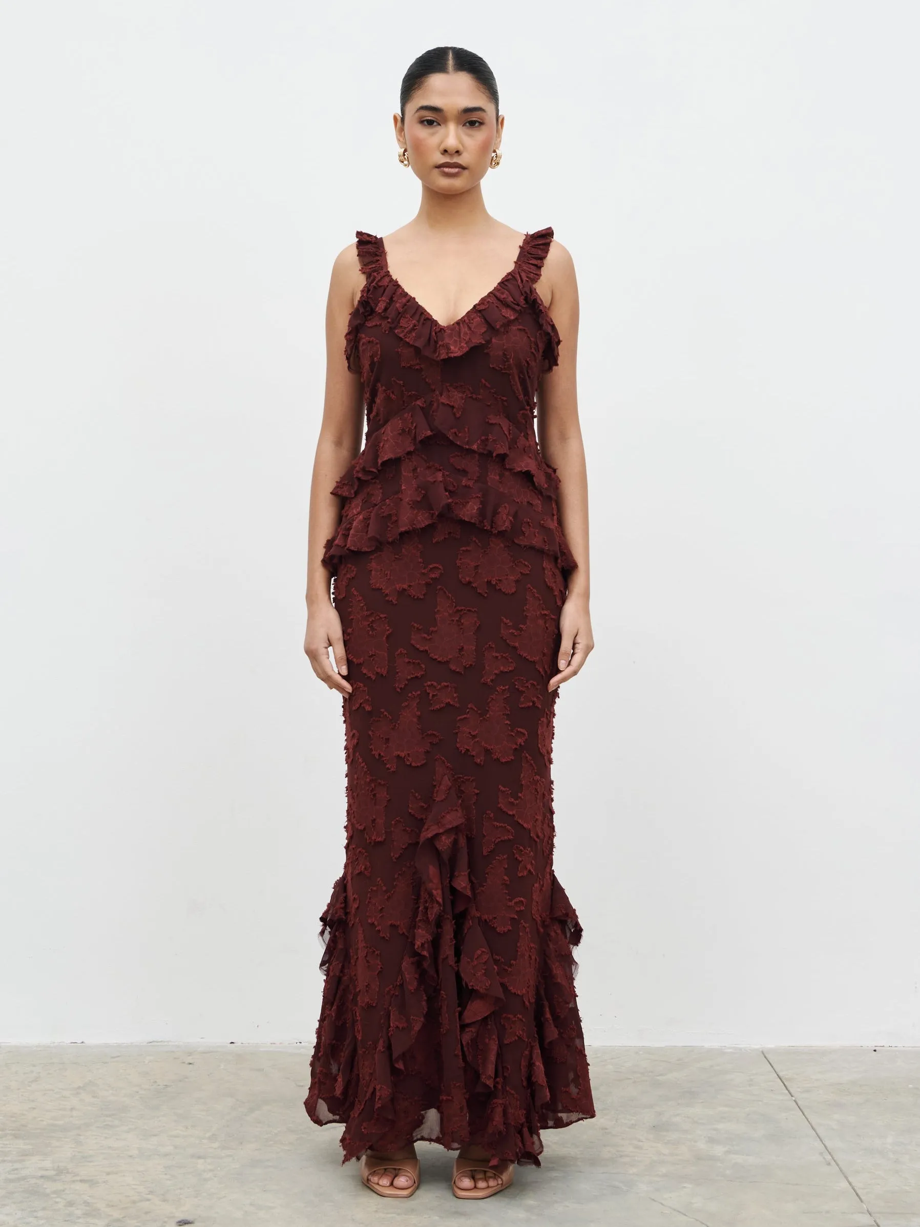 Helena Ruffle Jacquard Maxi Dress - Mahogony sold by Pretty Lavish product image thumbnail 2